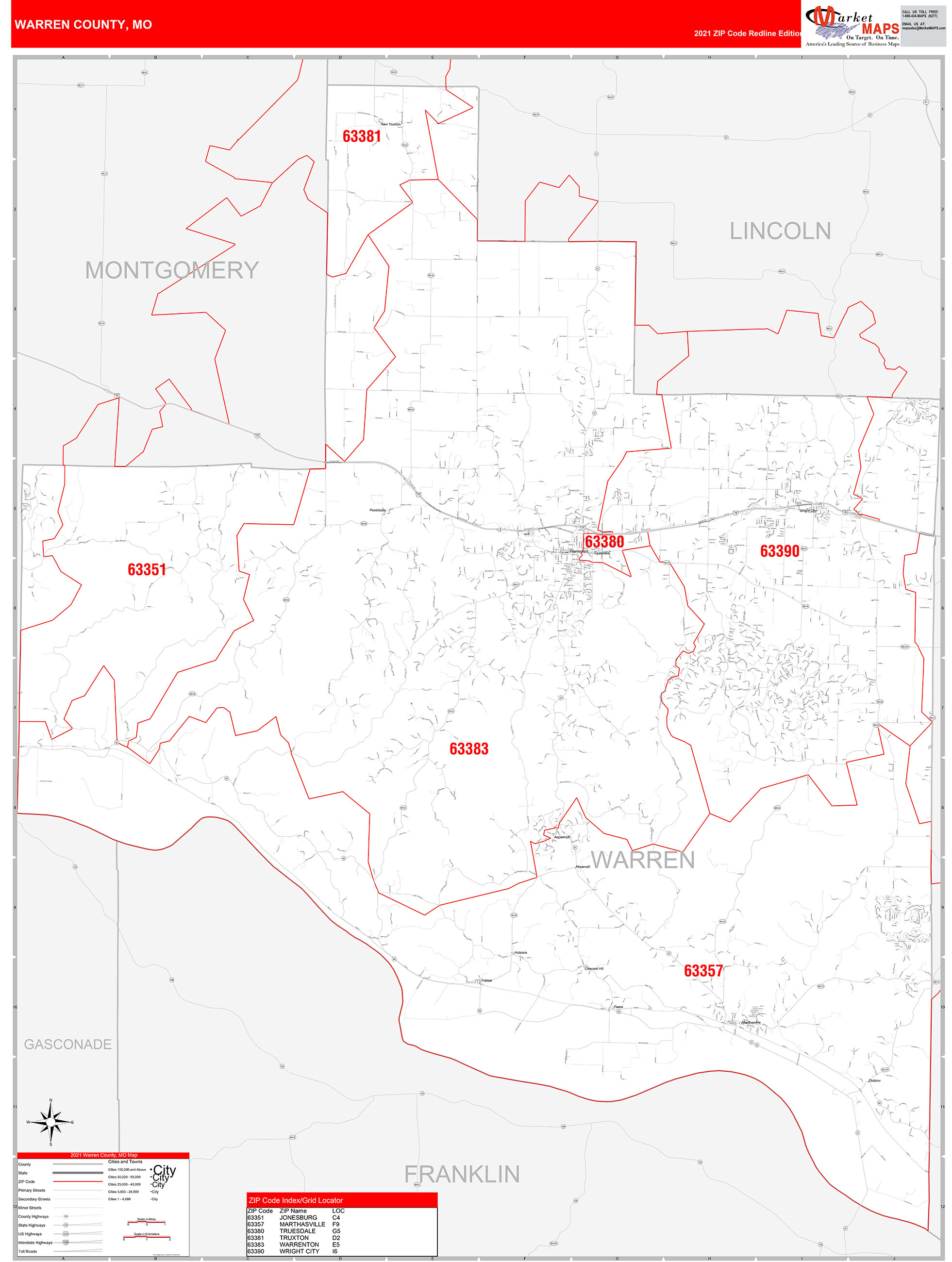 Warren County, MO Zip Code Wall Map Red Line Style by MarketMAPS MapSales