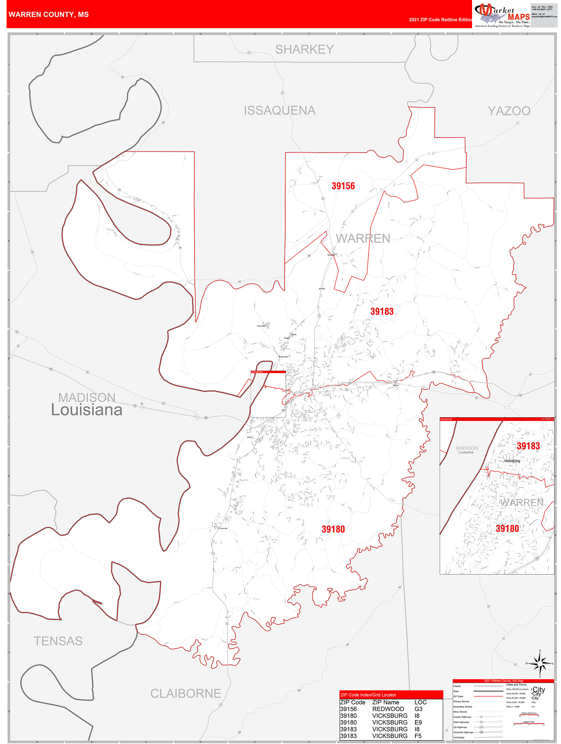 Warren County, MS Zip Code Wall Map Red Line Style by MarketMAPS