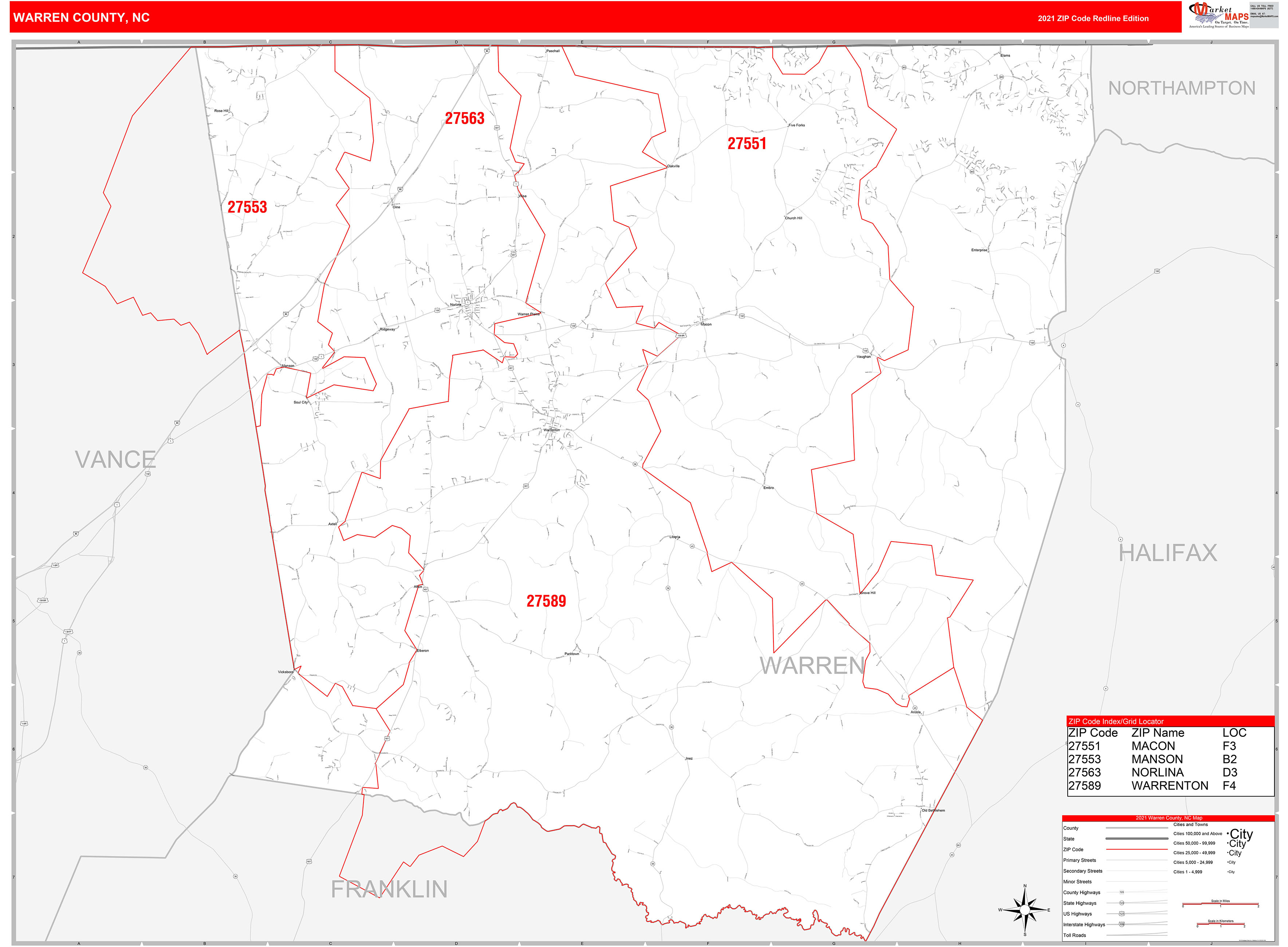 Warren County, NC Zip Code Wall Map Red Line Style by MarketMAPS