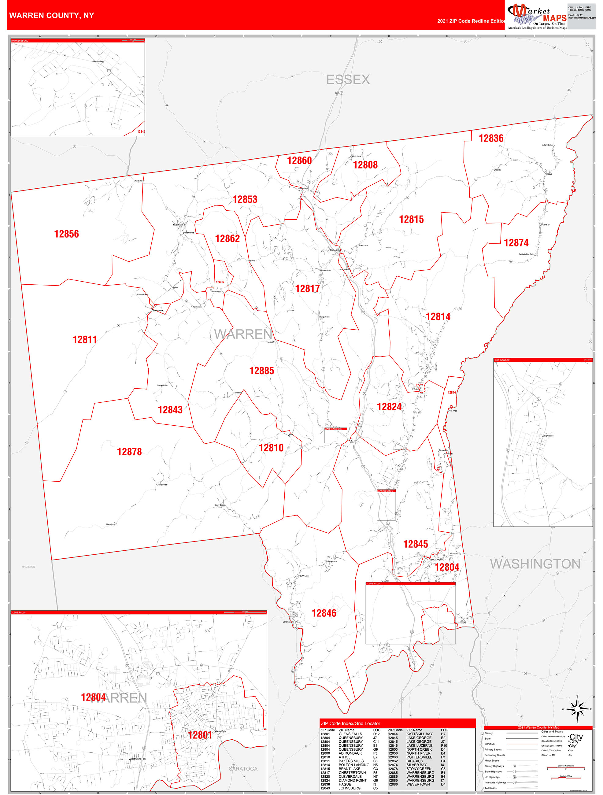 Warren County, NY Zip Code Wall Map Red Line Style by MarketMAPS MapSales