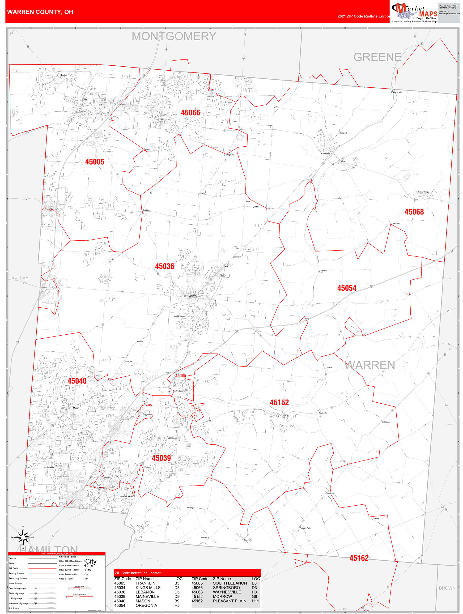 Warren County, OH Zip Code Wall Map Red Line Style by MarketMAPS