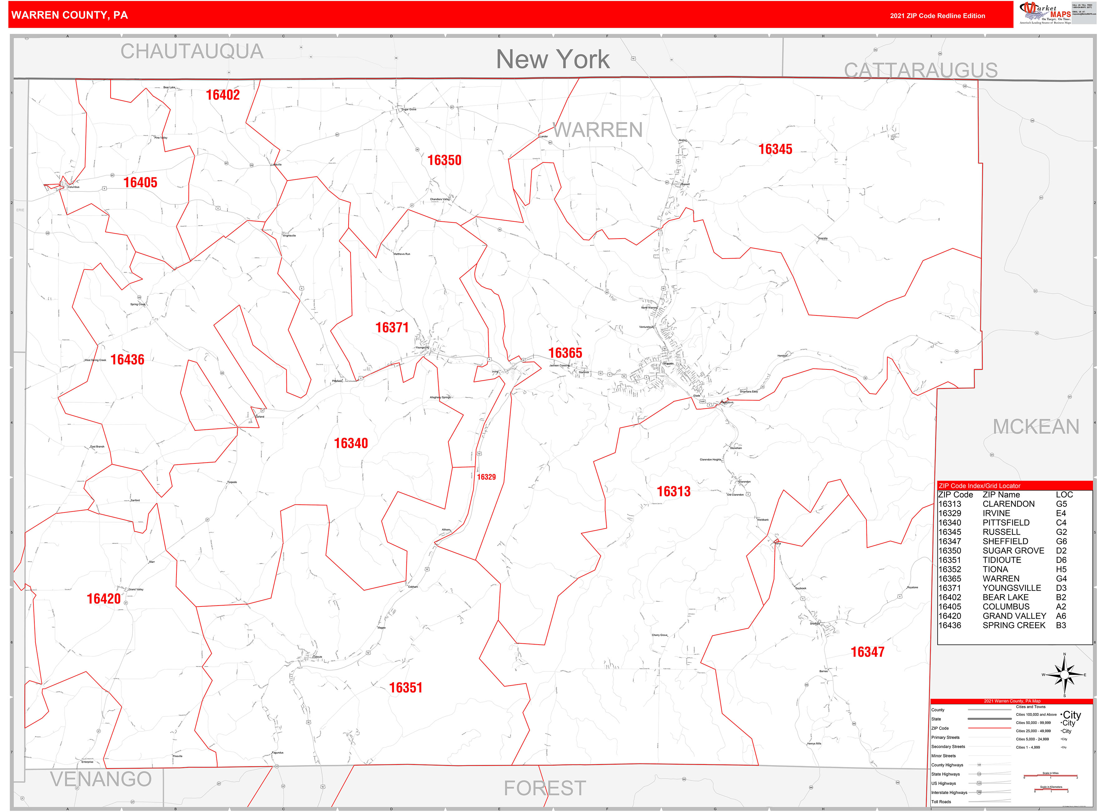 Warren County, PA Zip Code Wall Map Red Line Style by MarketMAPS