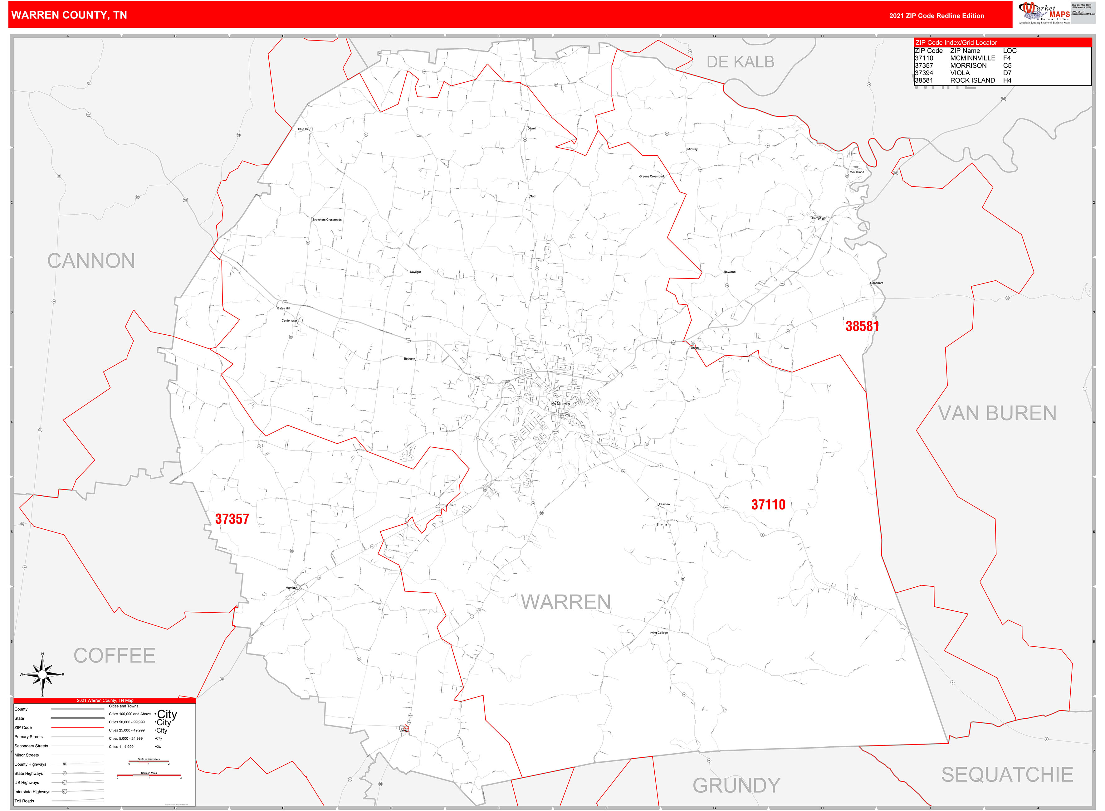 Warren County, TN Zip Code Wall Map Red Line Style by MarketMAPS