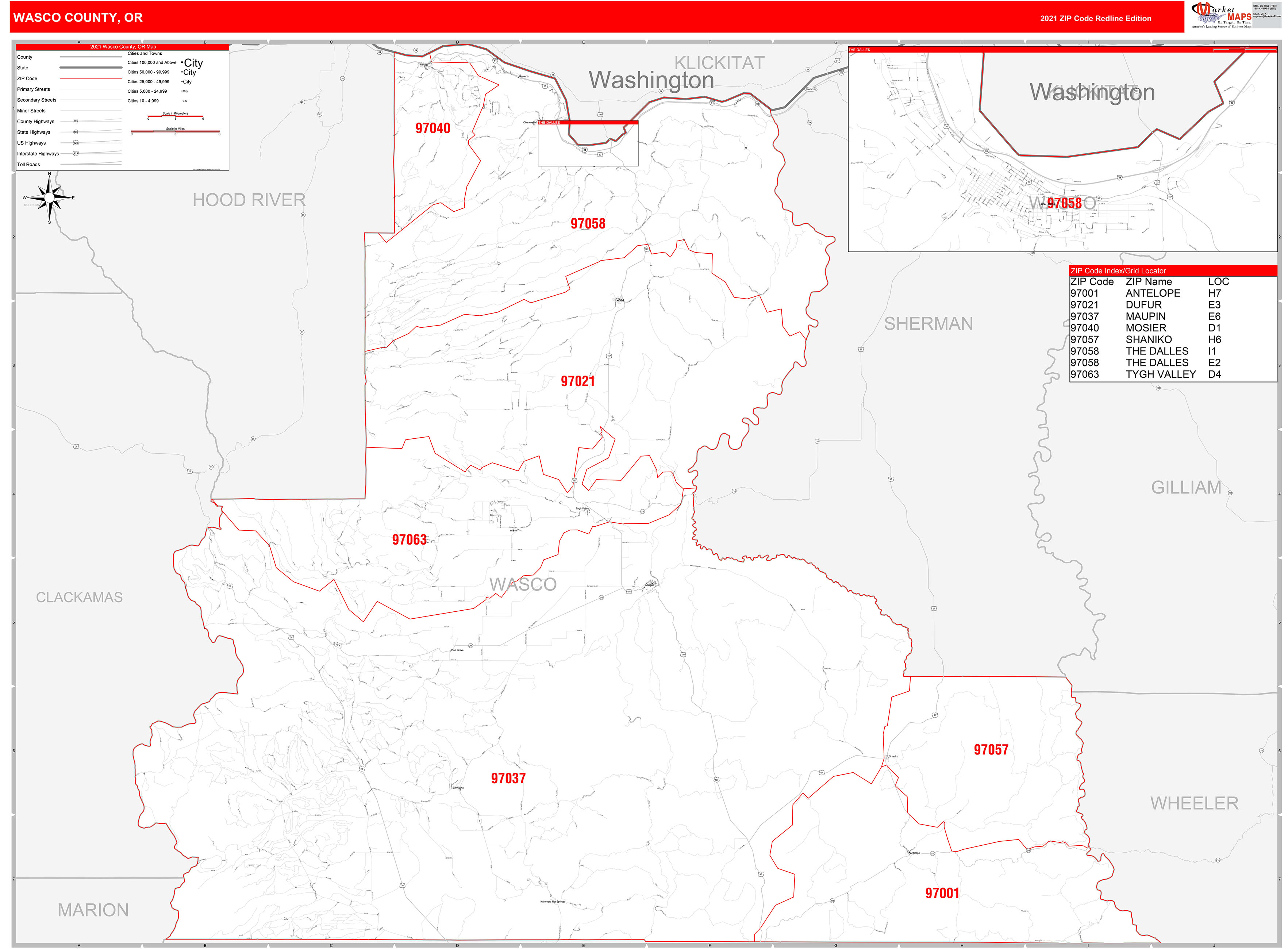 Wasco County, OR Zip Code Wall Map Red Line Style by MarketMAPS