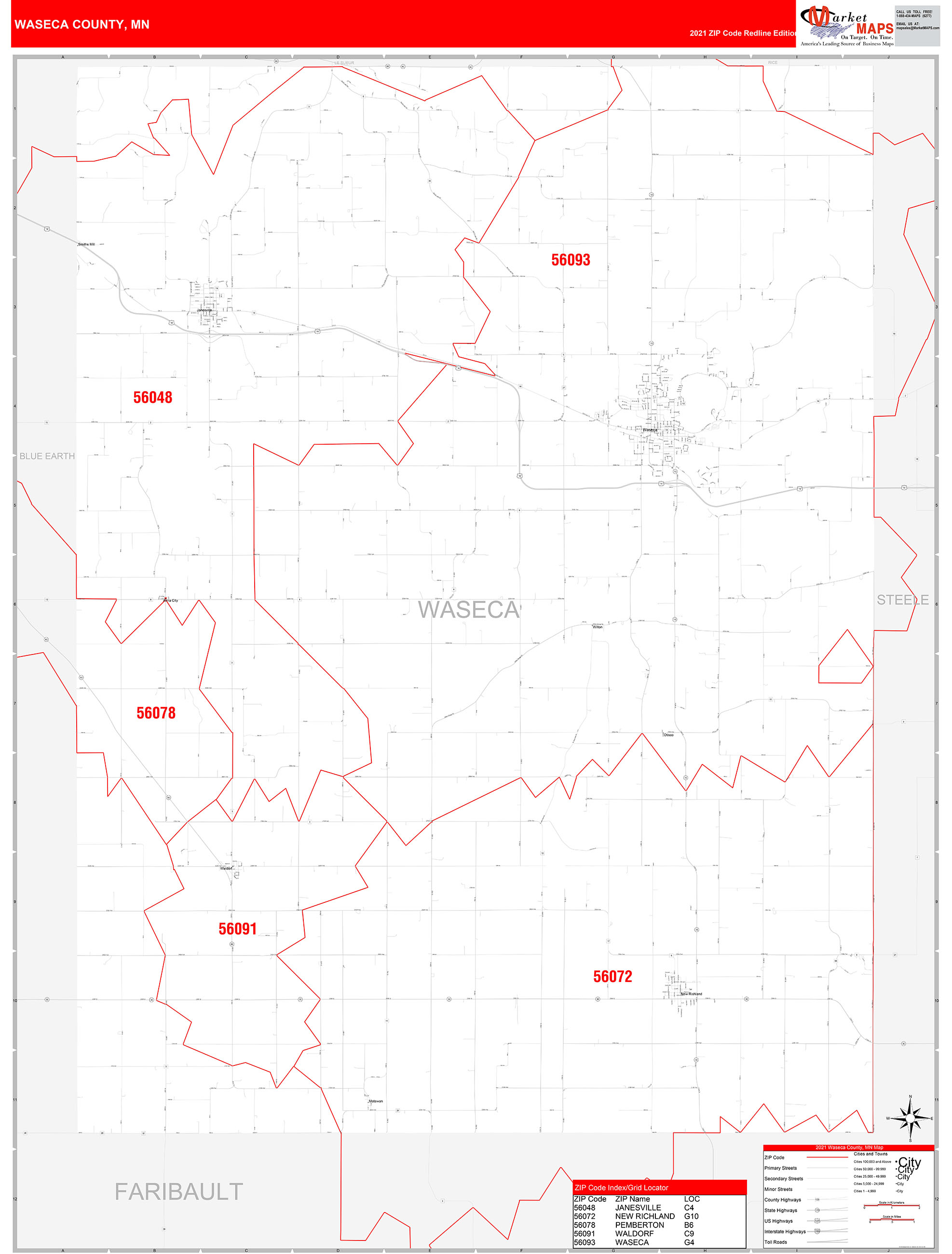 Waseca County, MN Zip Code Wall Map Red Line Style by MarketMAPS