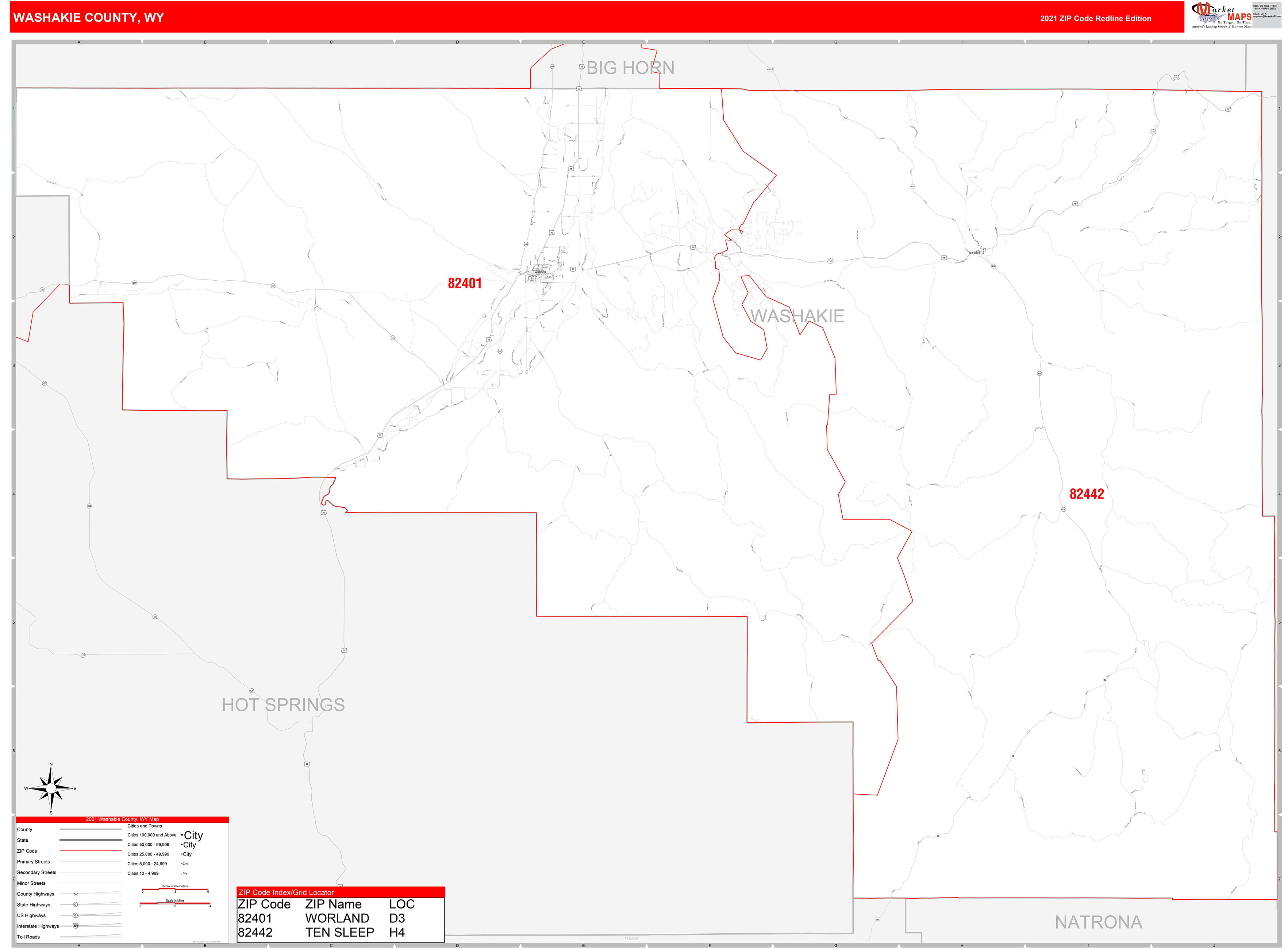 Washakie County, WY Zip Code Wall Map Red Line Style by MarketMAPS