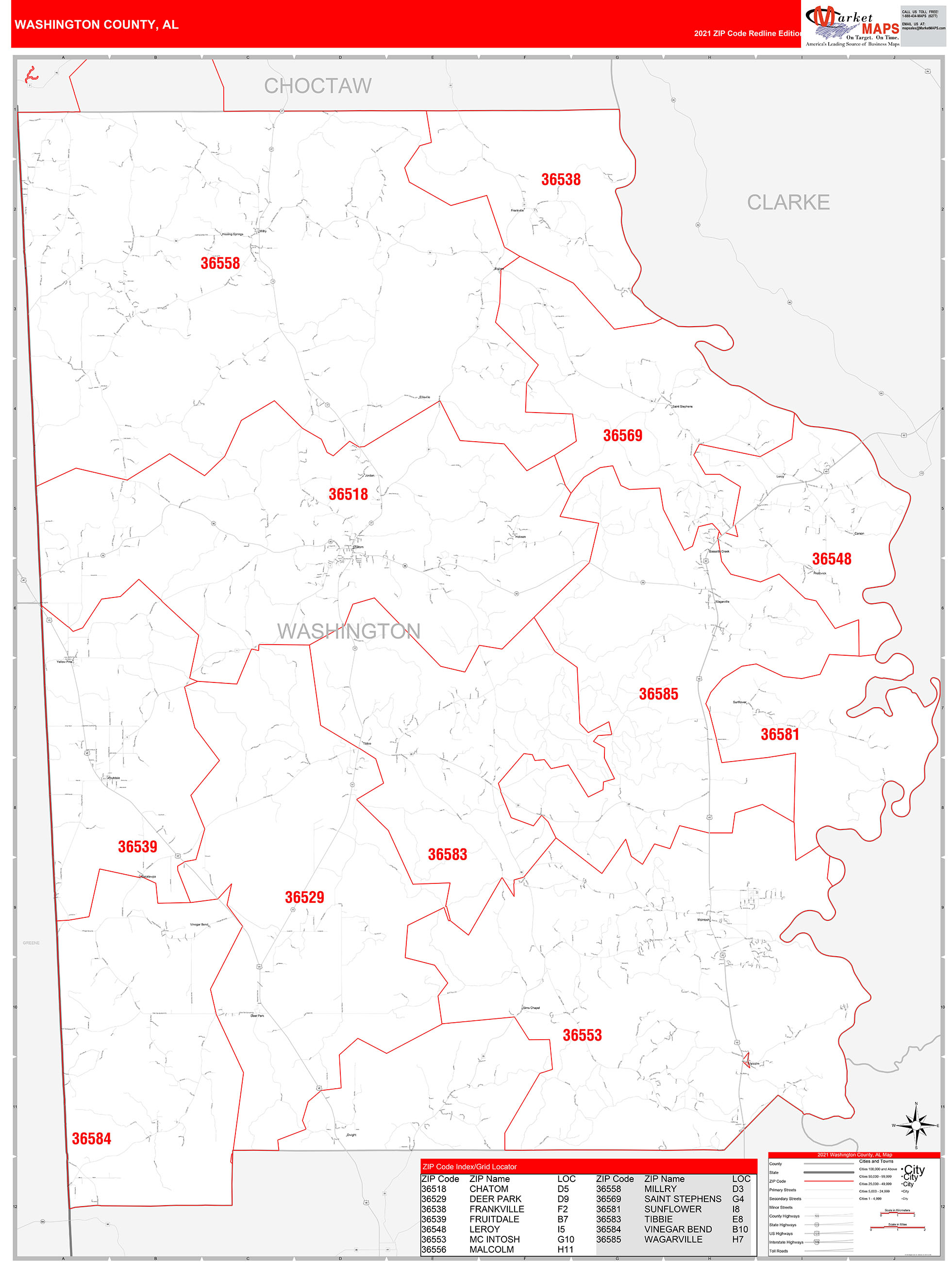 Washington County, AL Zip Code Wall Map Red Line Style by MarketMAPS