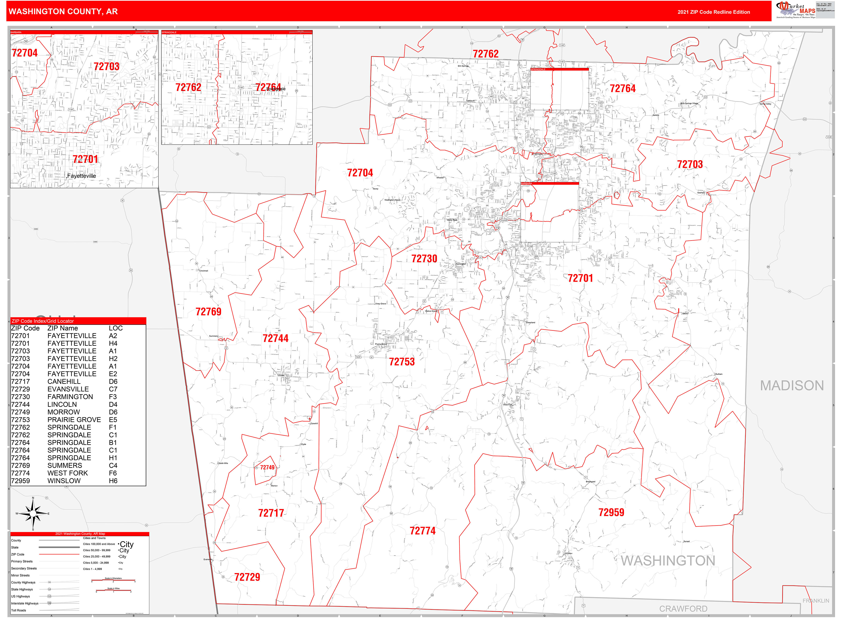 Washington County, AR Zip Code Wall Map Red Line Style by MarketMAPS