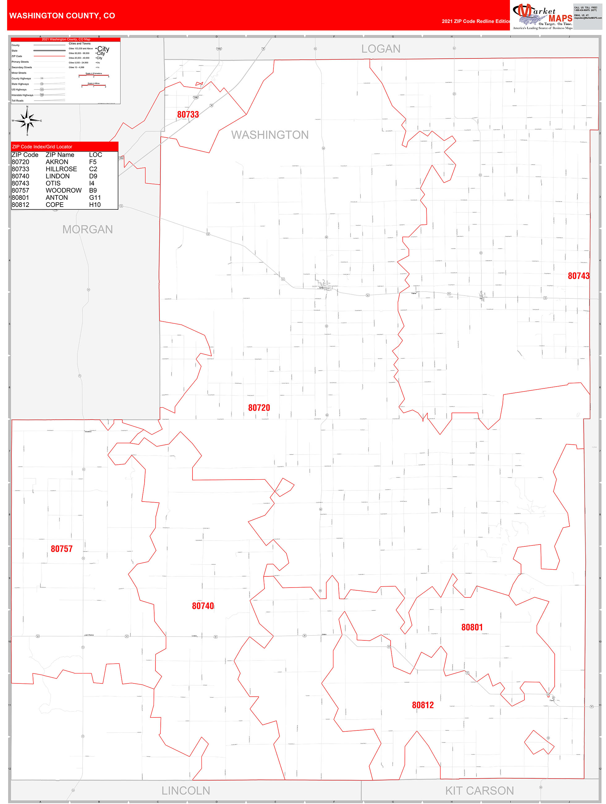Washington County, CO Zip Code Wall Map Red Line Style by MarketMAPS