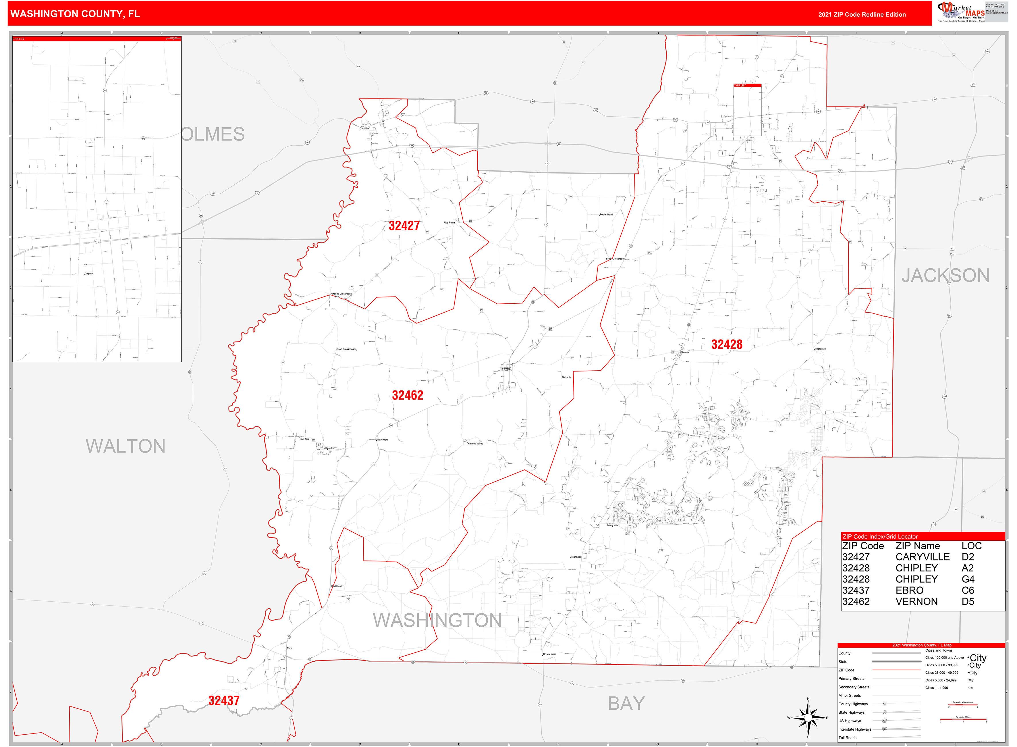 Washington County, FL Zip Code Wall Map Red Line Style by MarketMAPS