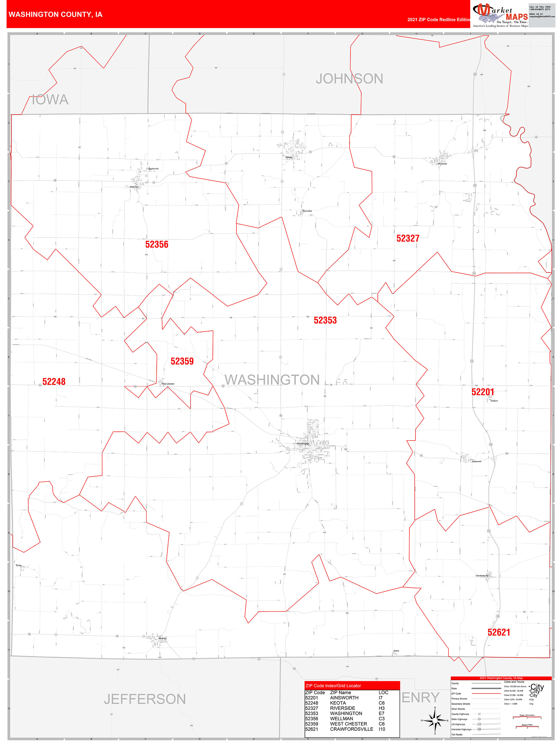 Washington County, IA Zip Code Wall Map Red Line Style by MarketMAPS