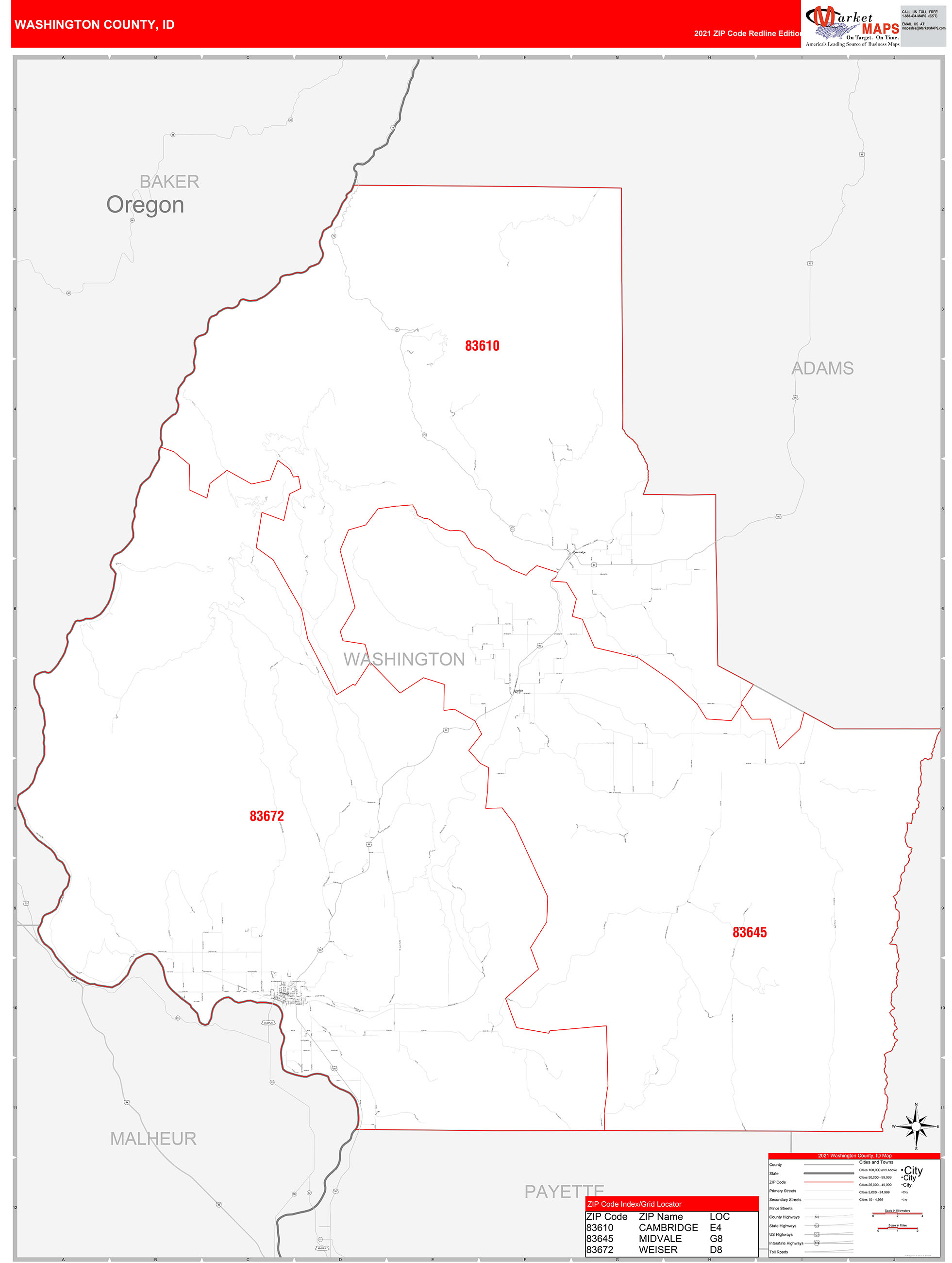 Washington County, ID Zip Code Wall Map Red Line Style by MarketMAPS