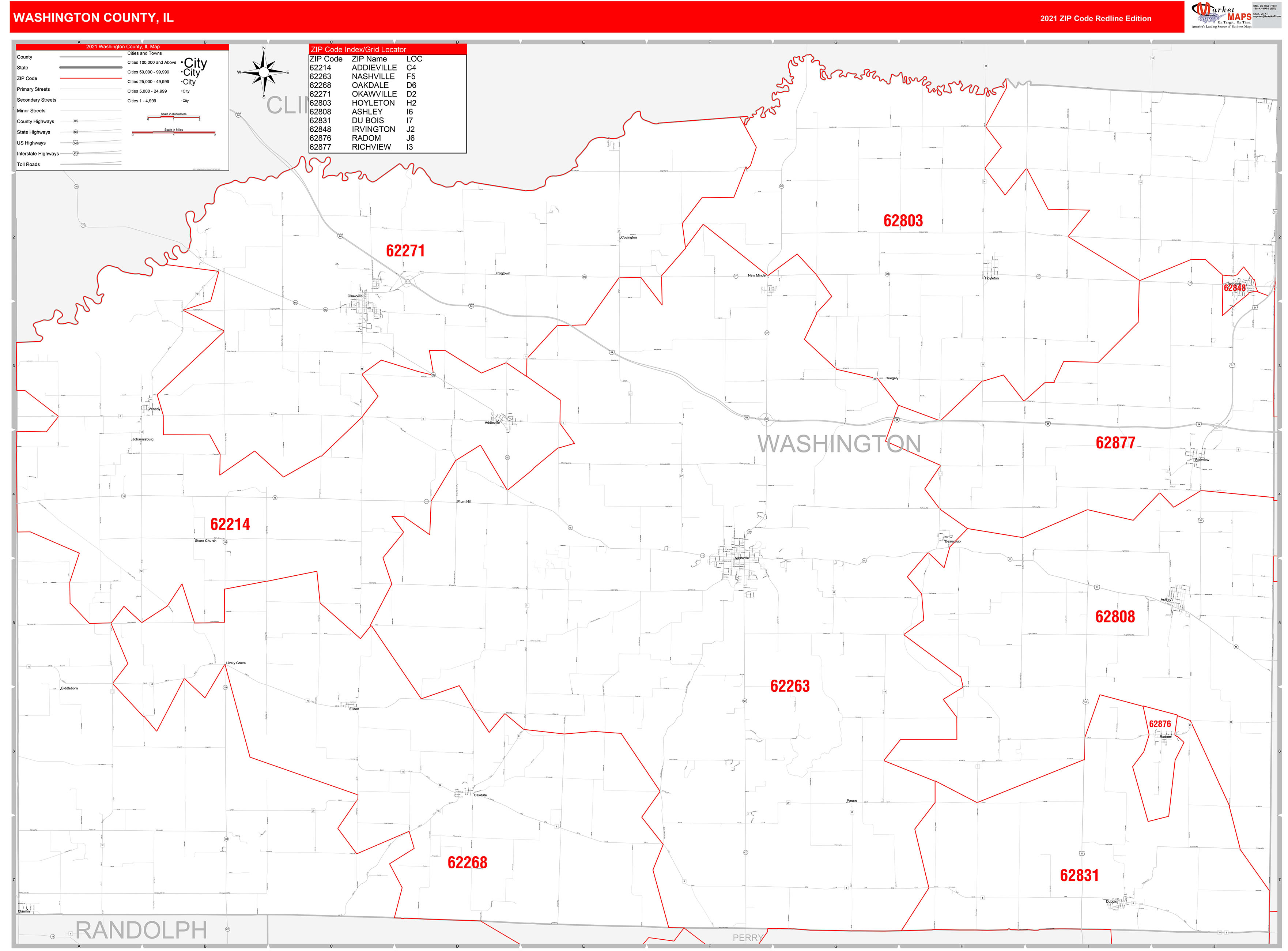 Washington County, IL Zip Code Wall Map Red Line Style by MarketMAPS