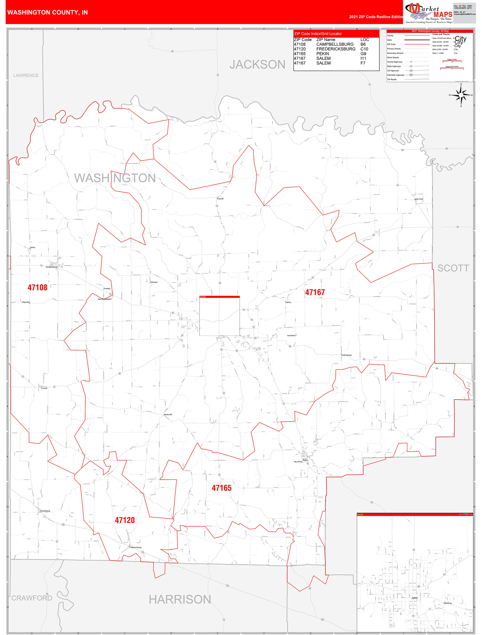 Washington County, IN Zip Code Wall Map Red Line Style by MarketMAPS