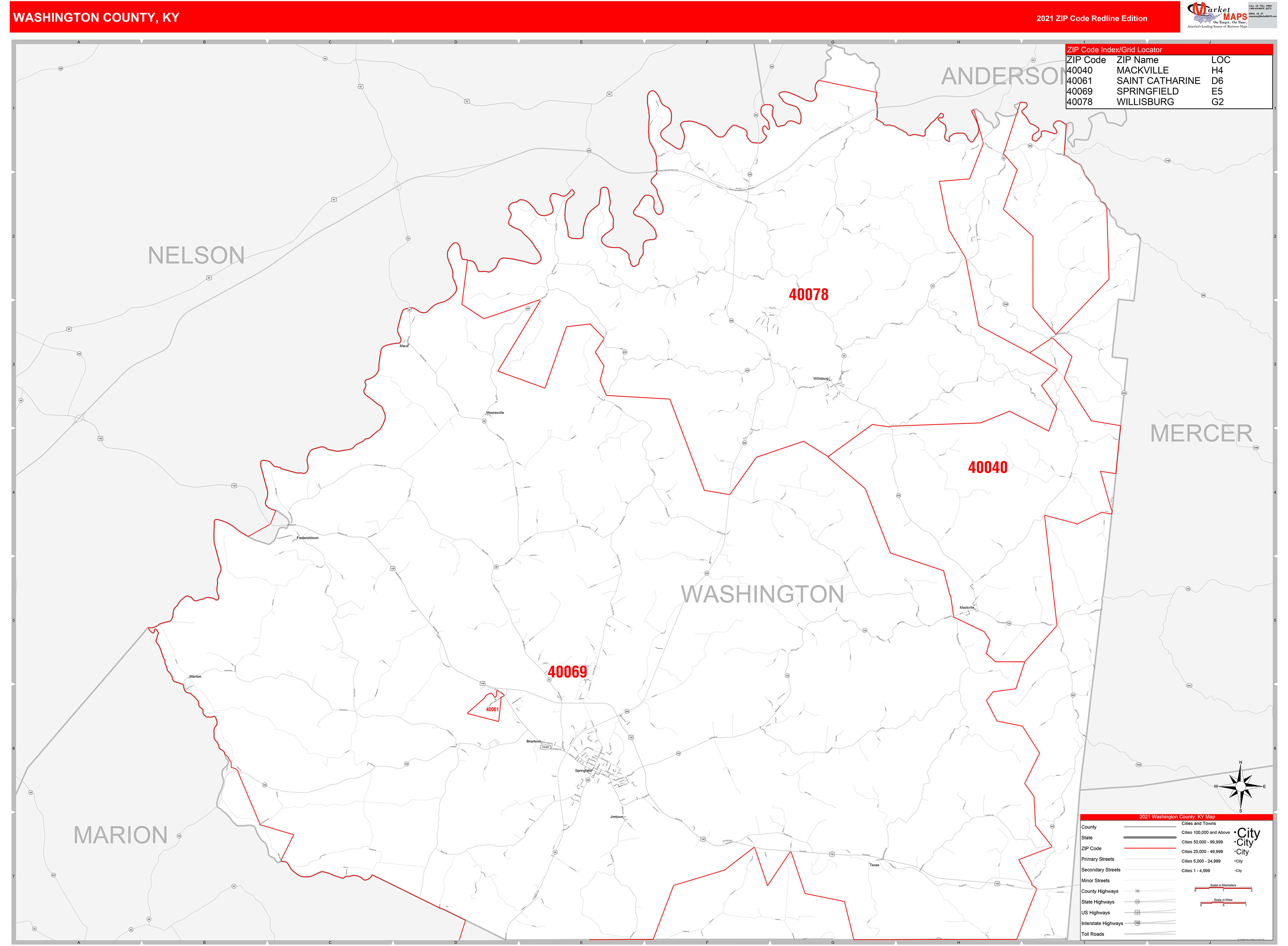 Washington County, KY Zip Code Wall Map Red Line Style by MarketMAPS