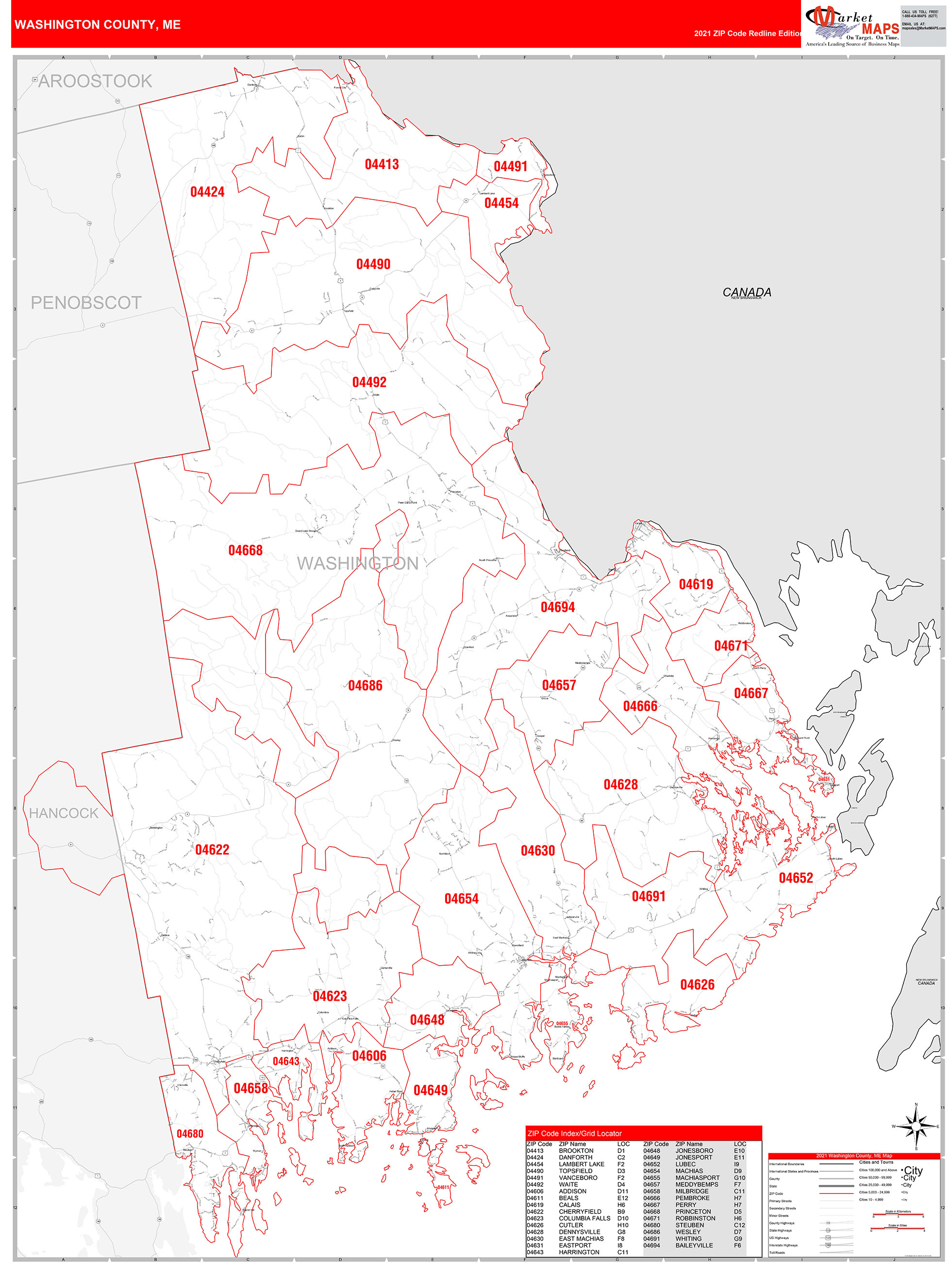 Washington County, ME Zip Code Wall Map Red Line Style by MarketMAPS