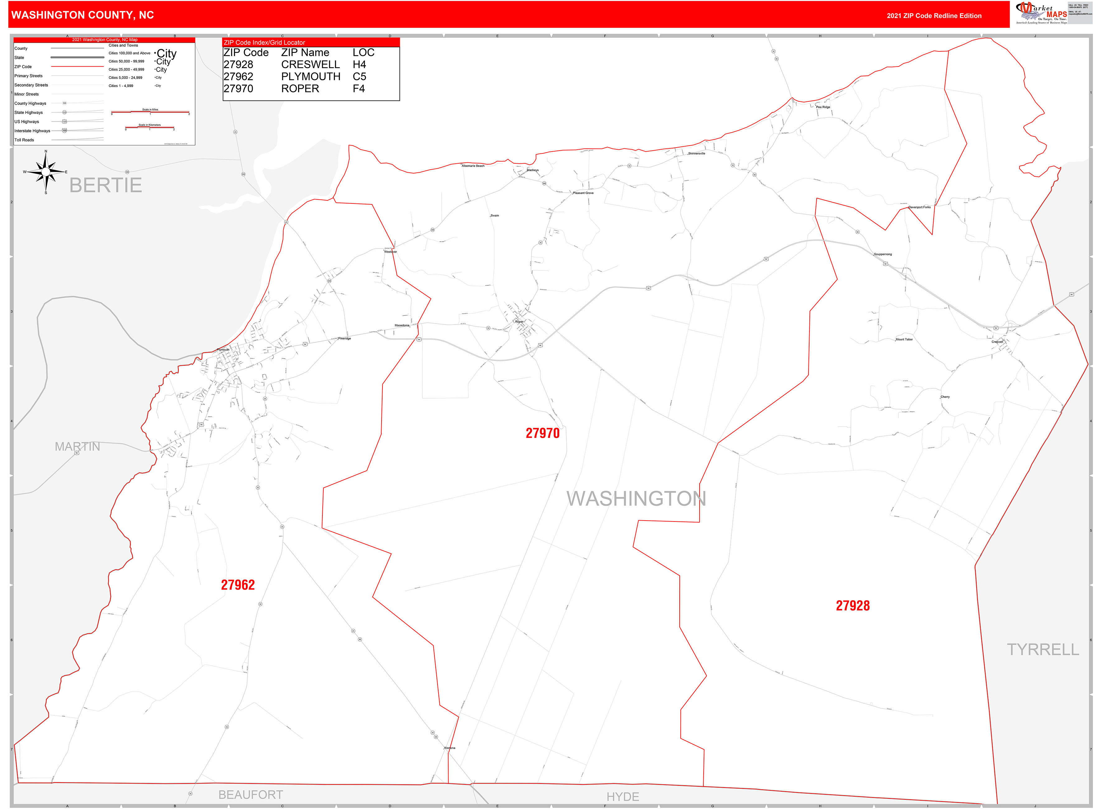 Washington County, NC Zip Code Wall Map Red Line Style by MarketMAPS ...