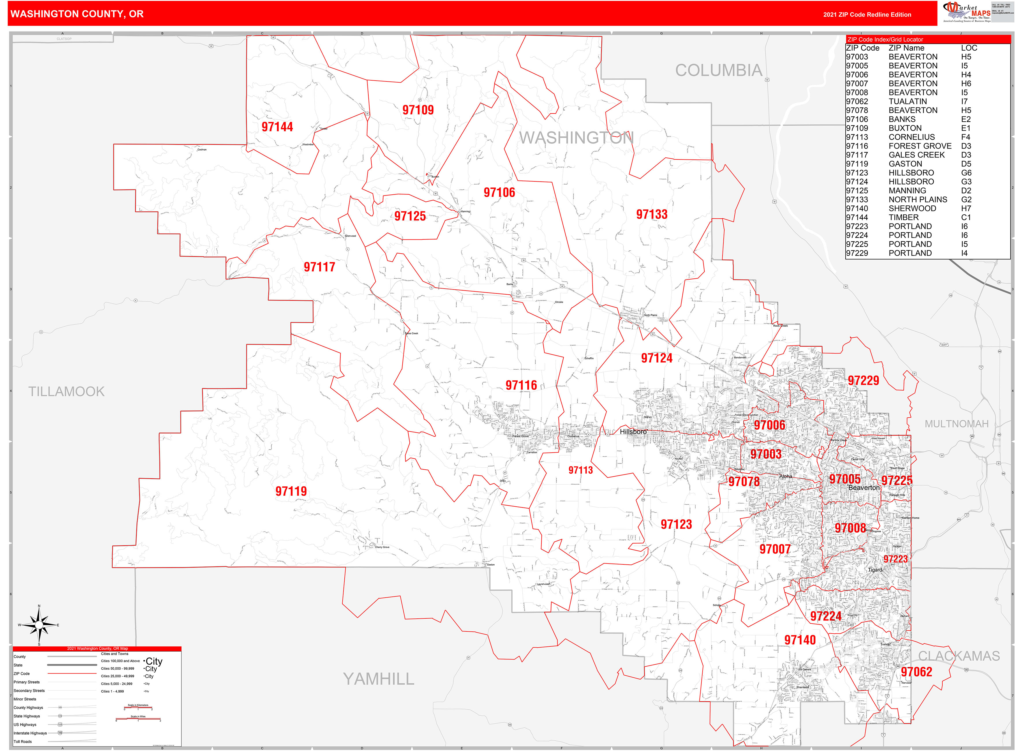 Washington County, OR Zip Code Wall Map Red Line Style by MarketMAPS