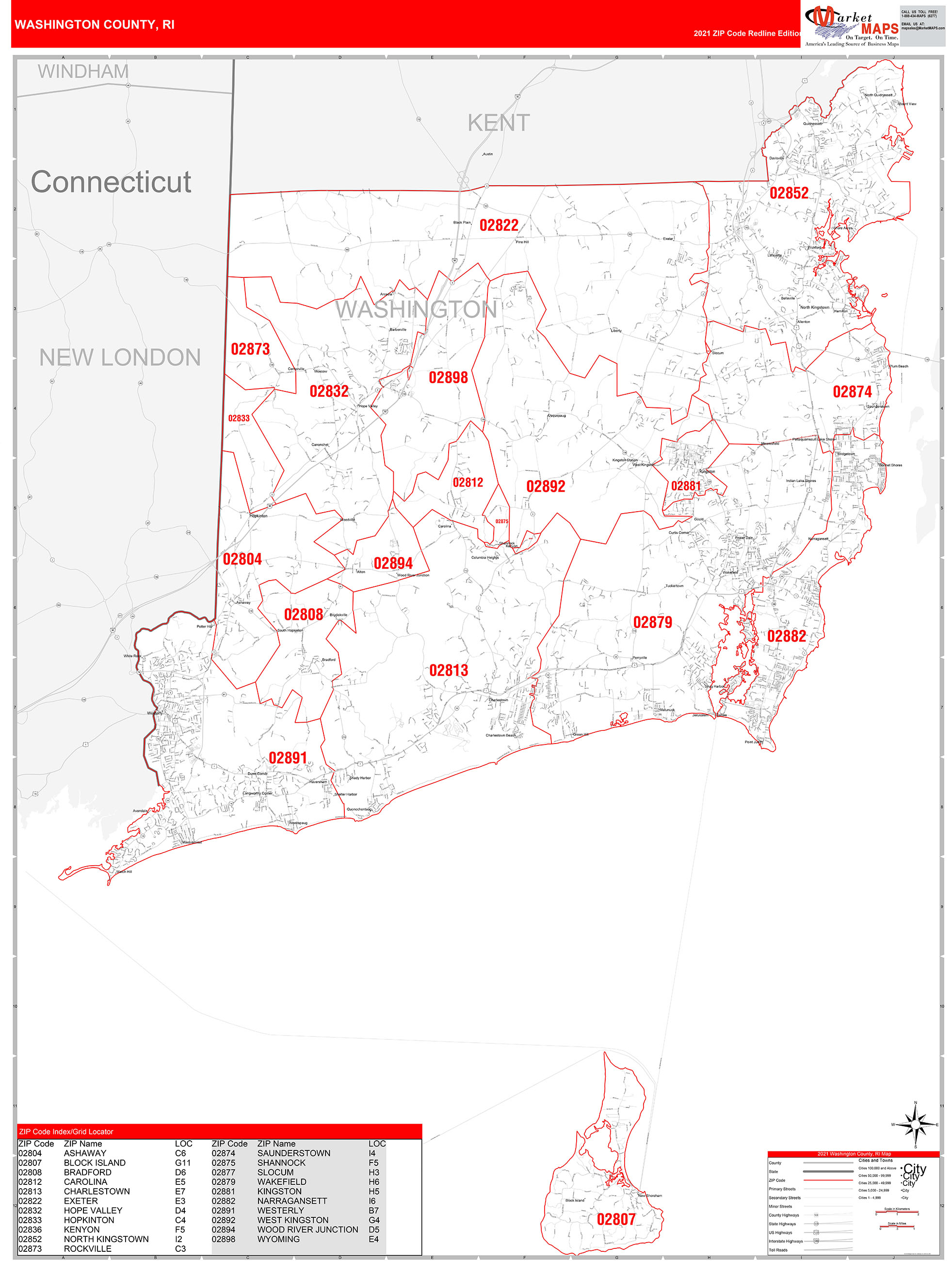 Washington County, RI Zip Code Wall Map Red Line Style by MarketMAPS