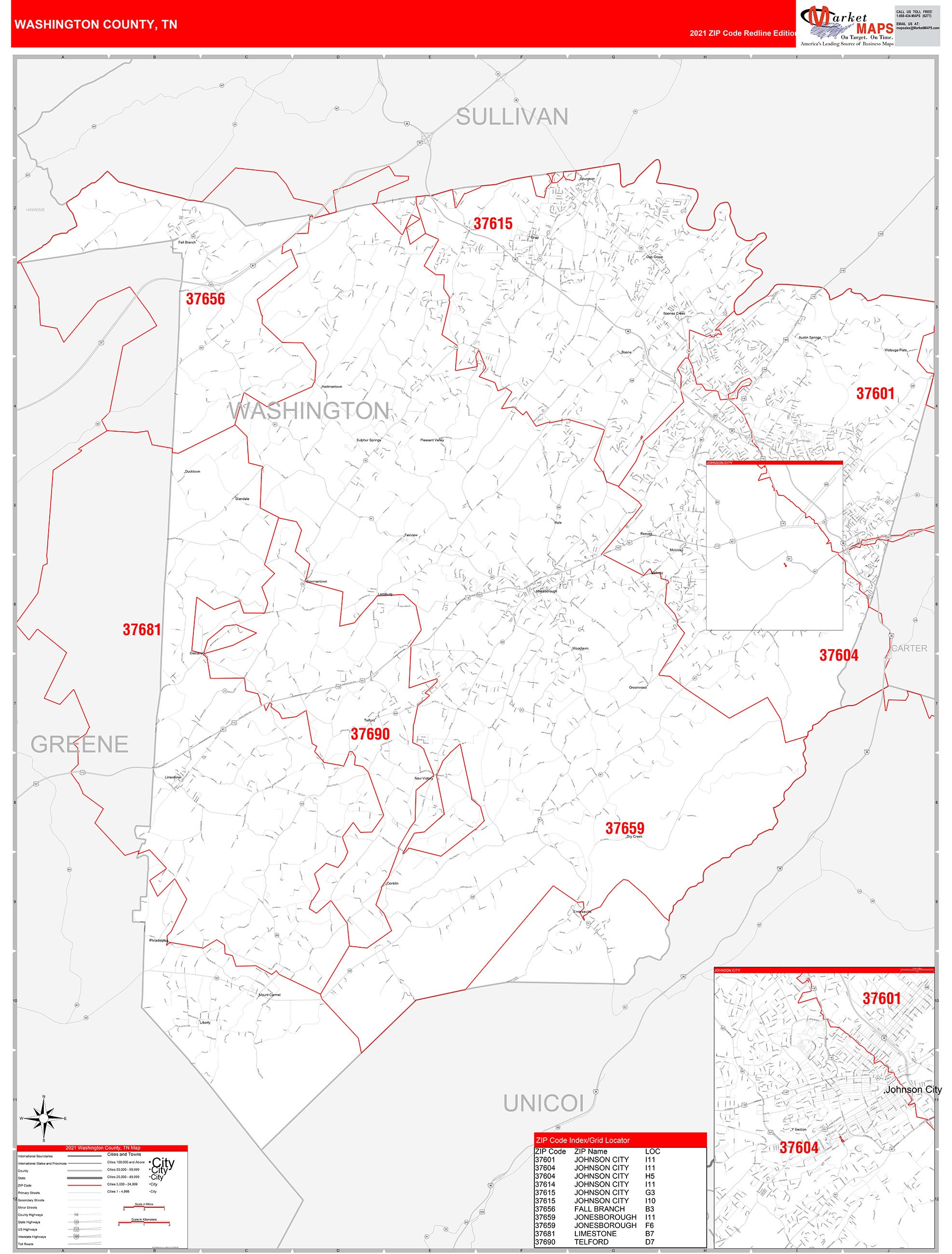 Washington County Tn Zip Code Wall Map Red Line Style By Marketmaps