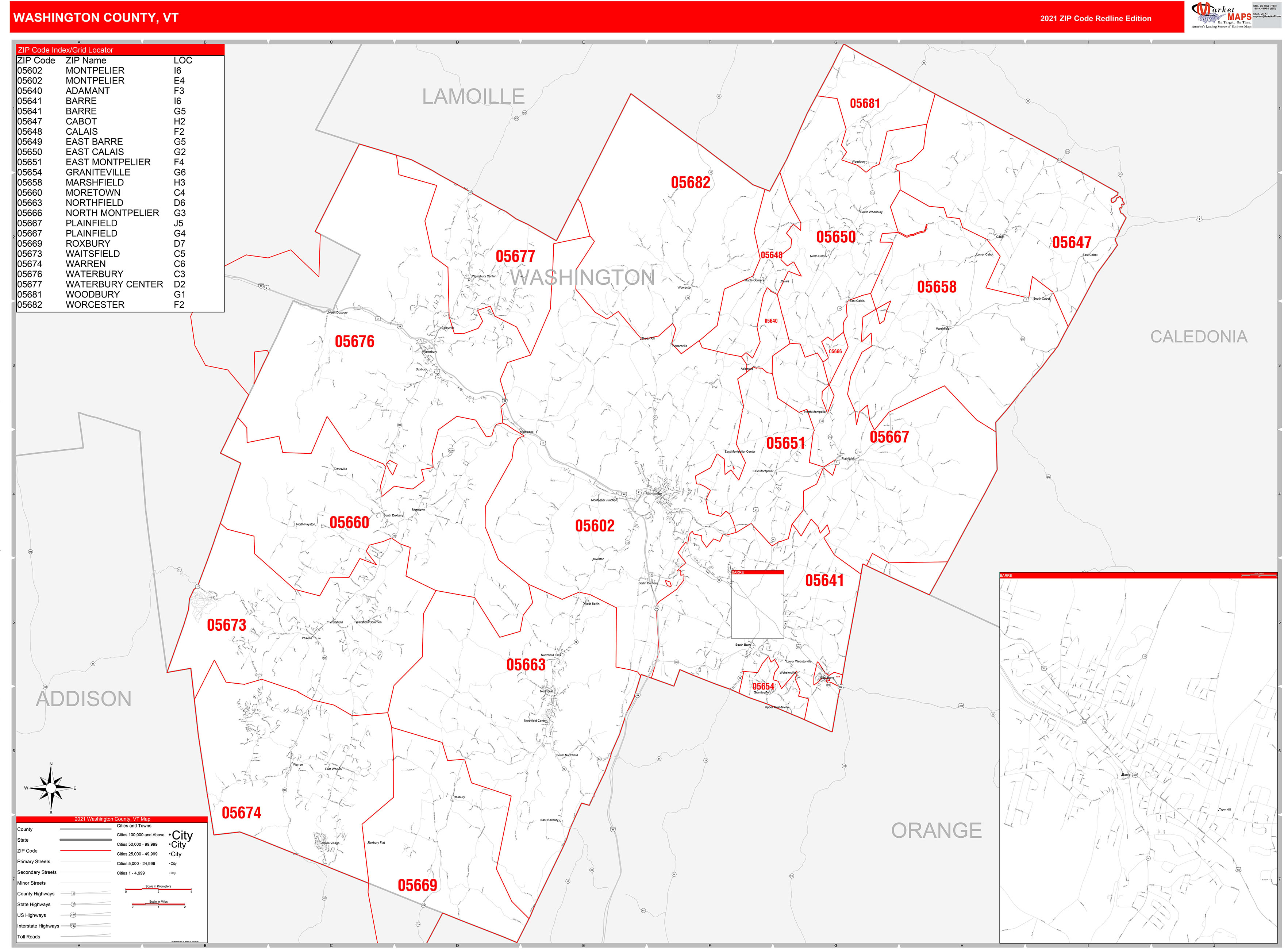 Washington County, VT Zip Code Wall Map Red Line Style by MarketMAPS