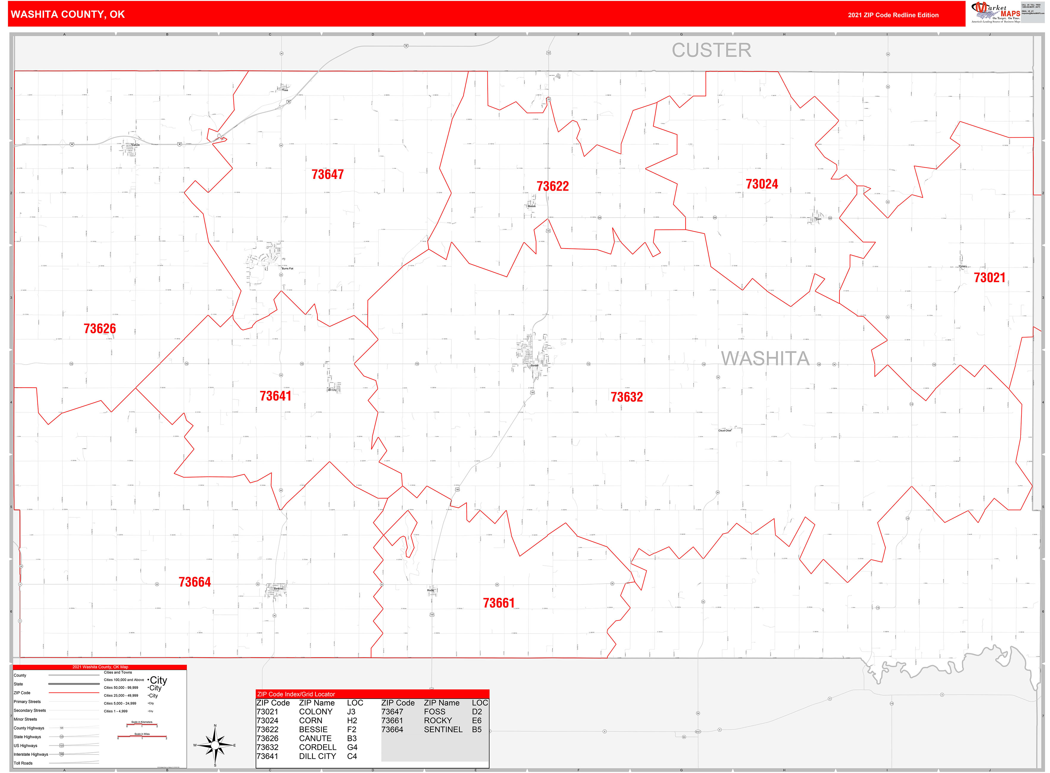 Washita County, OK Zip Code Wall Map Red Line Style by MarketMAPS