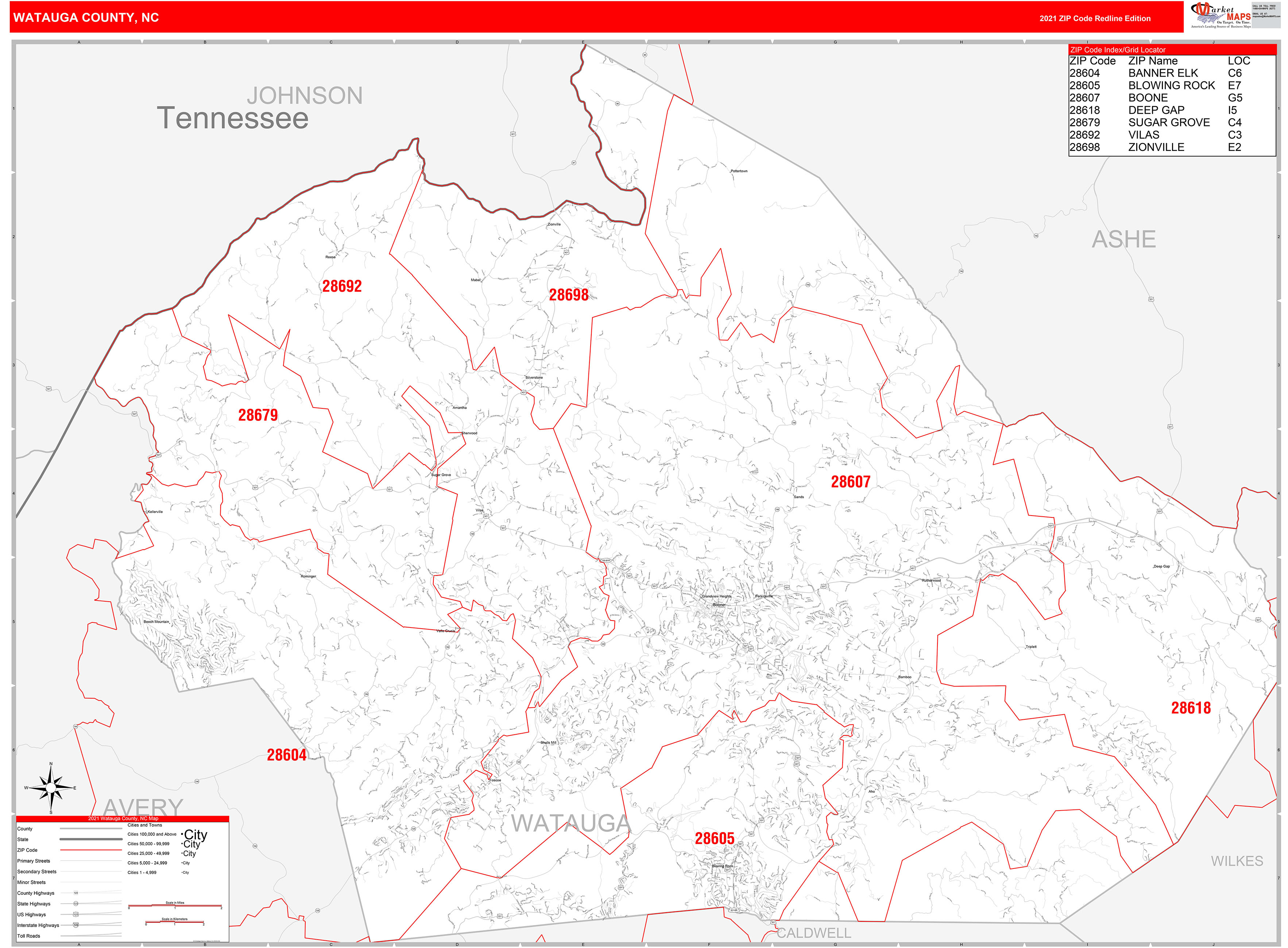 Watauga County, NC Zip Code Wall Map Red Line Style by MarketMAPS