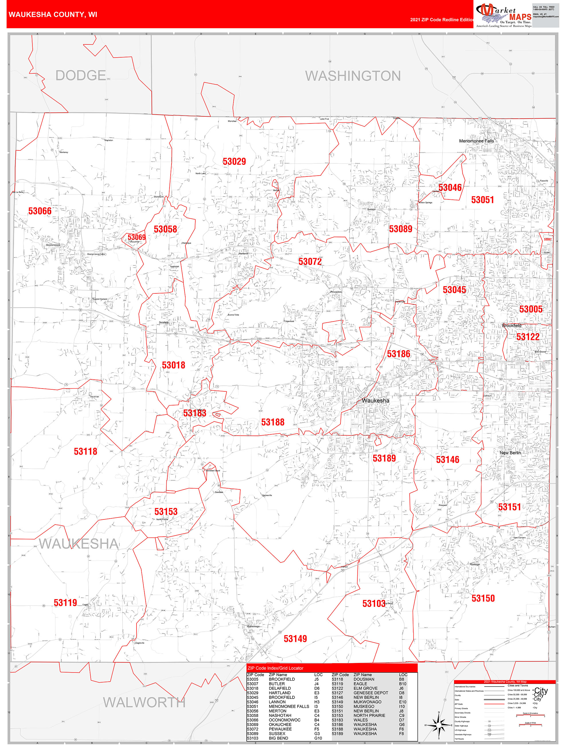 Waukesha County, WI Zip Code Wall Map Red Line Style by MarketMAPS