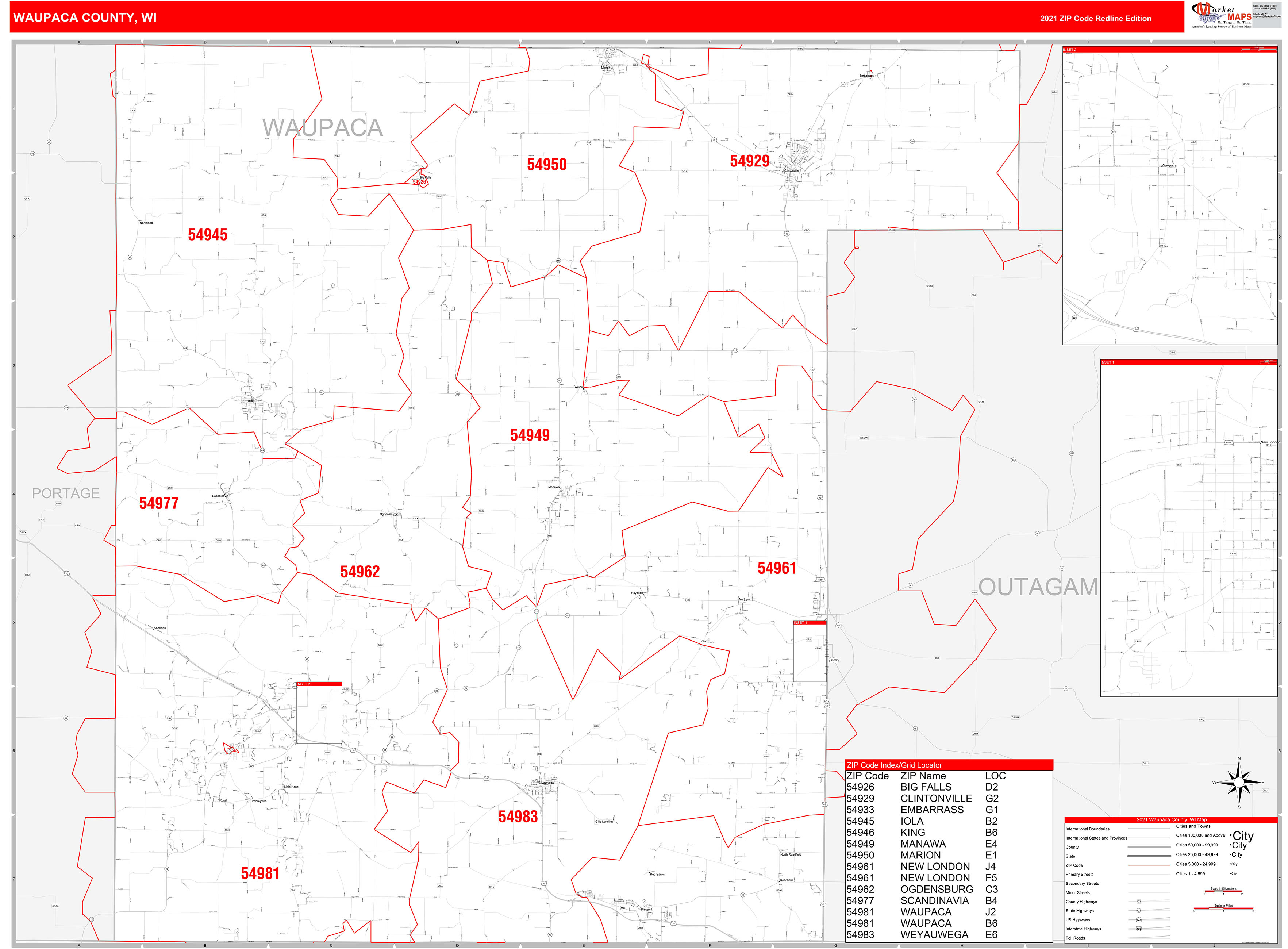 Waupaca County, WI Zip Code Wall Map Red Line Style by MarketMAPS