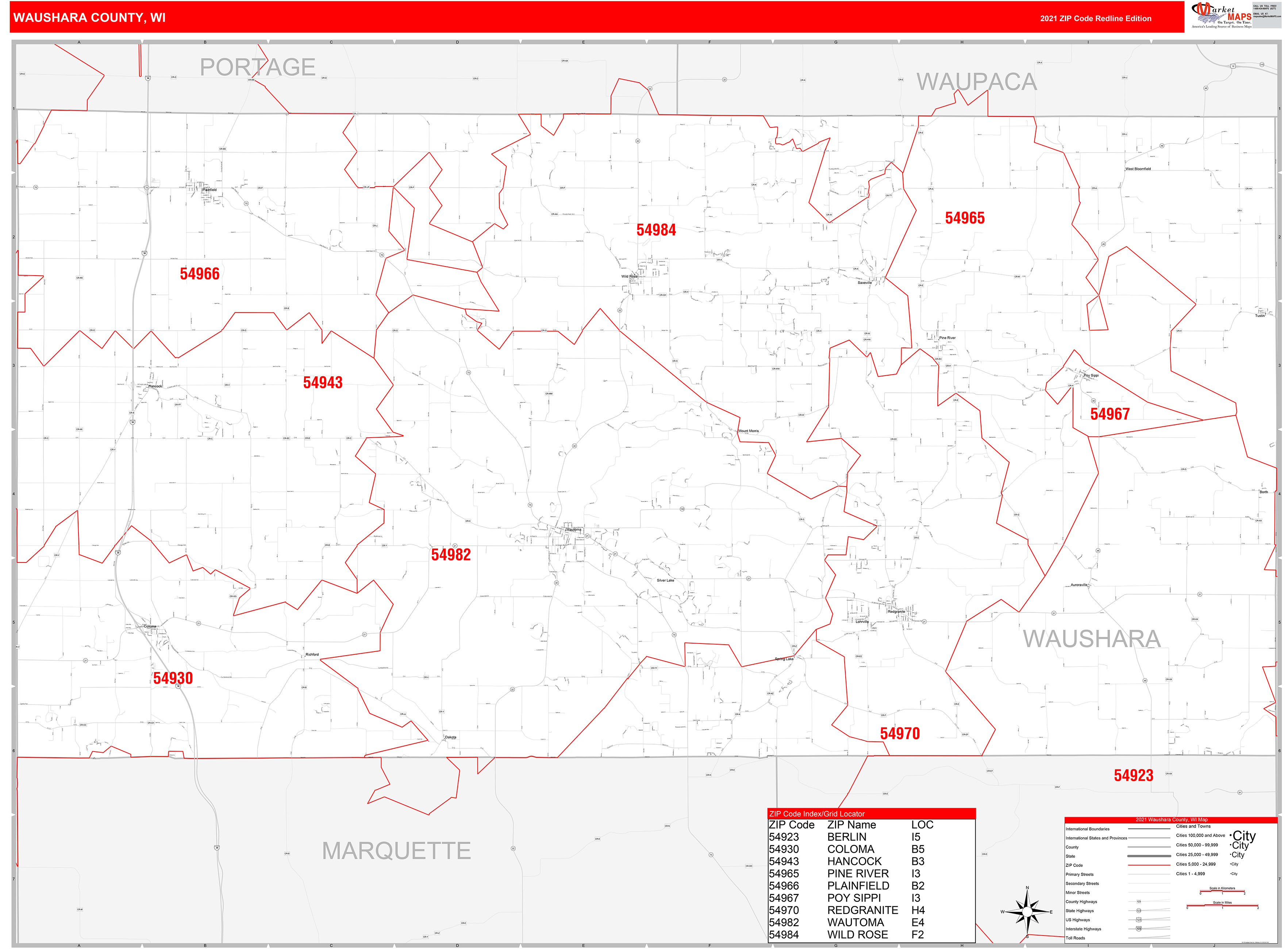 Waushara County, WI Zip Code Wall Map Red Line Style by MarketMAPS