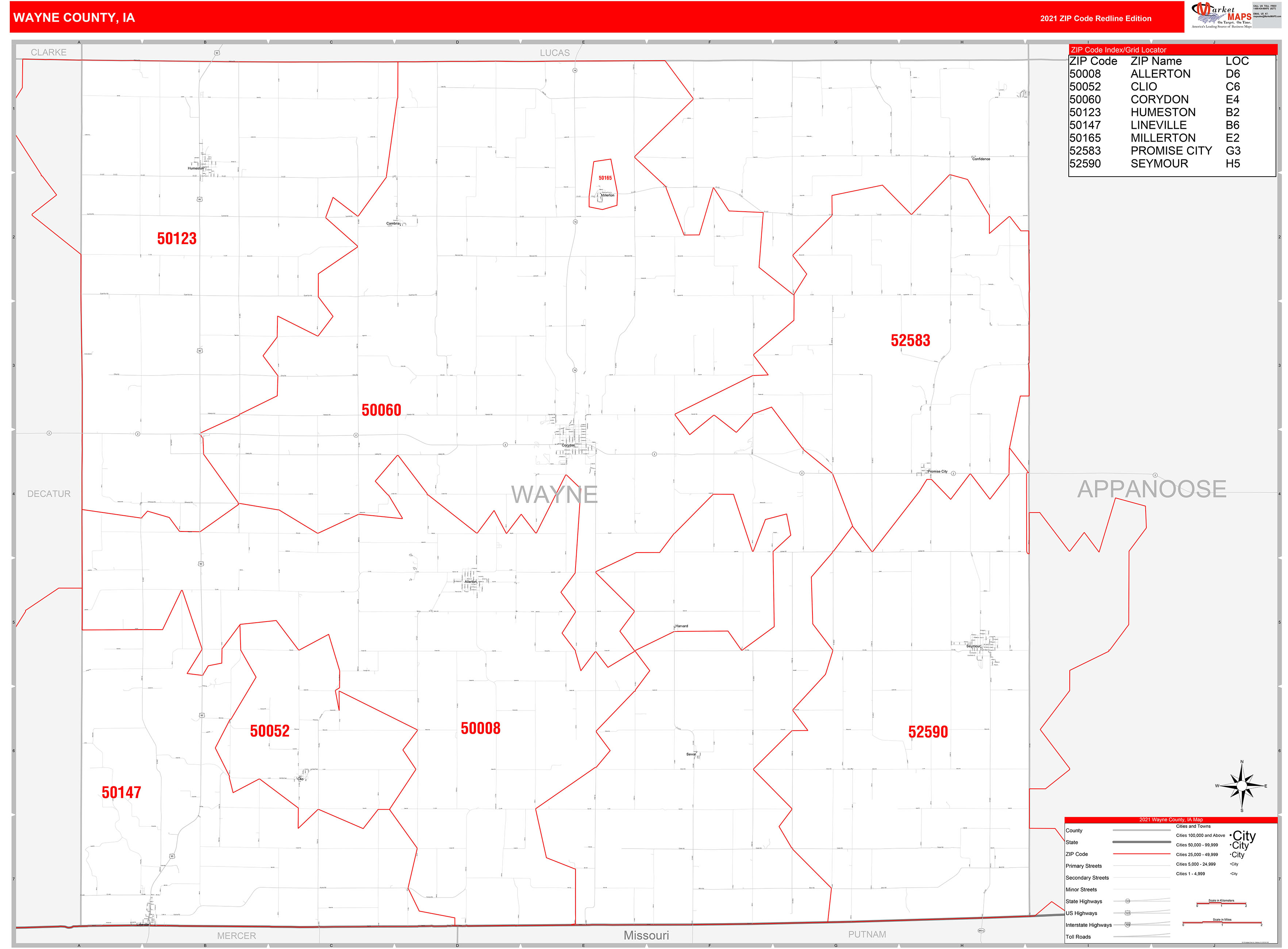Wayne County, IA Zip Code Wall Map Red Line Style by MarketMAPS
