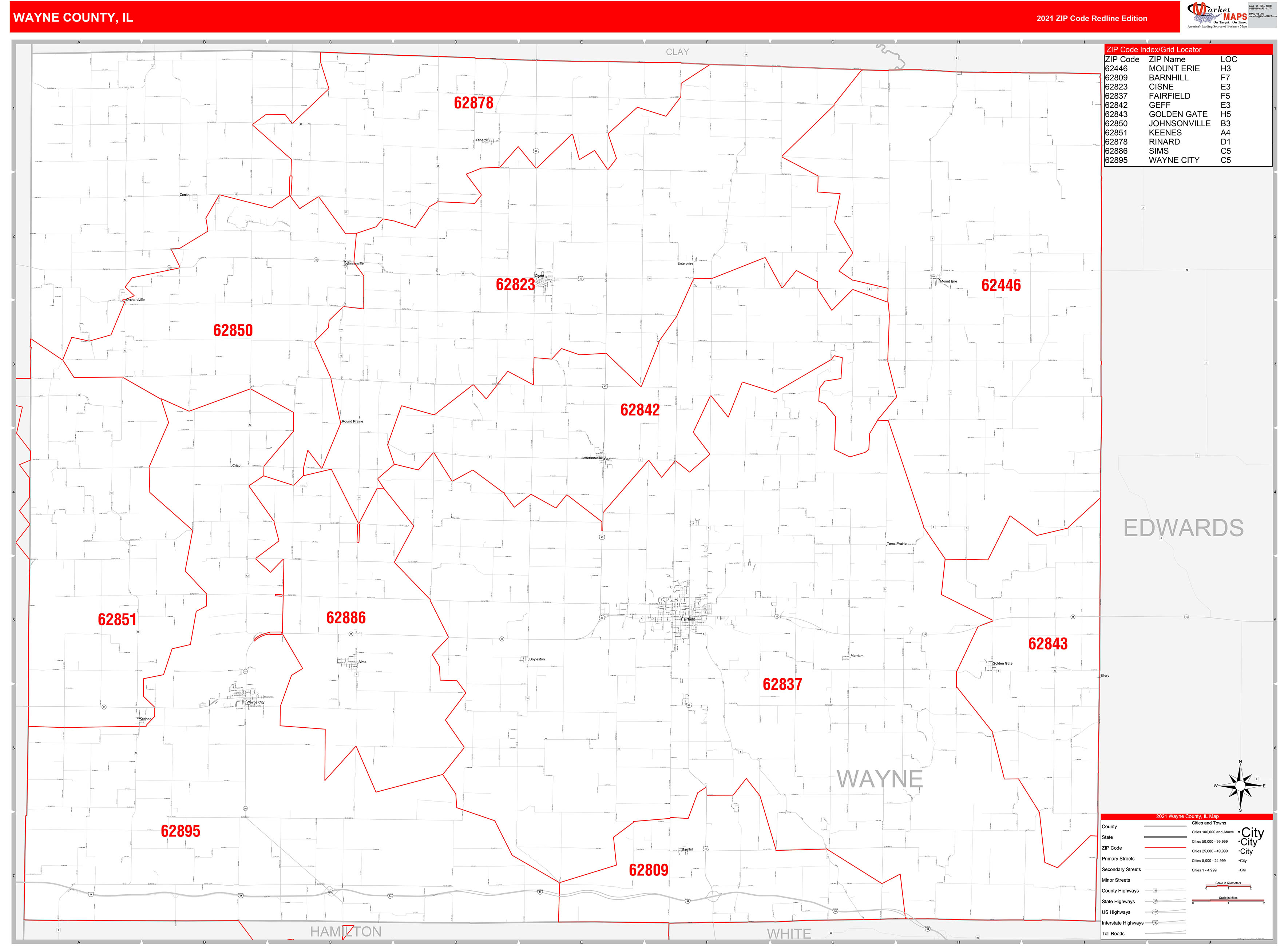 Wayne County, IL Zip Code Wall Map Red Line Style by MarketMAPS MapSales