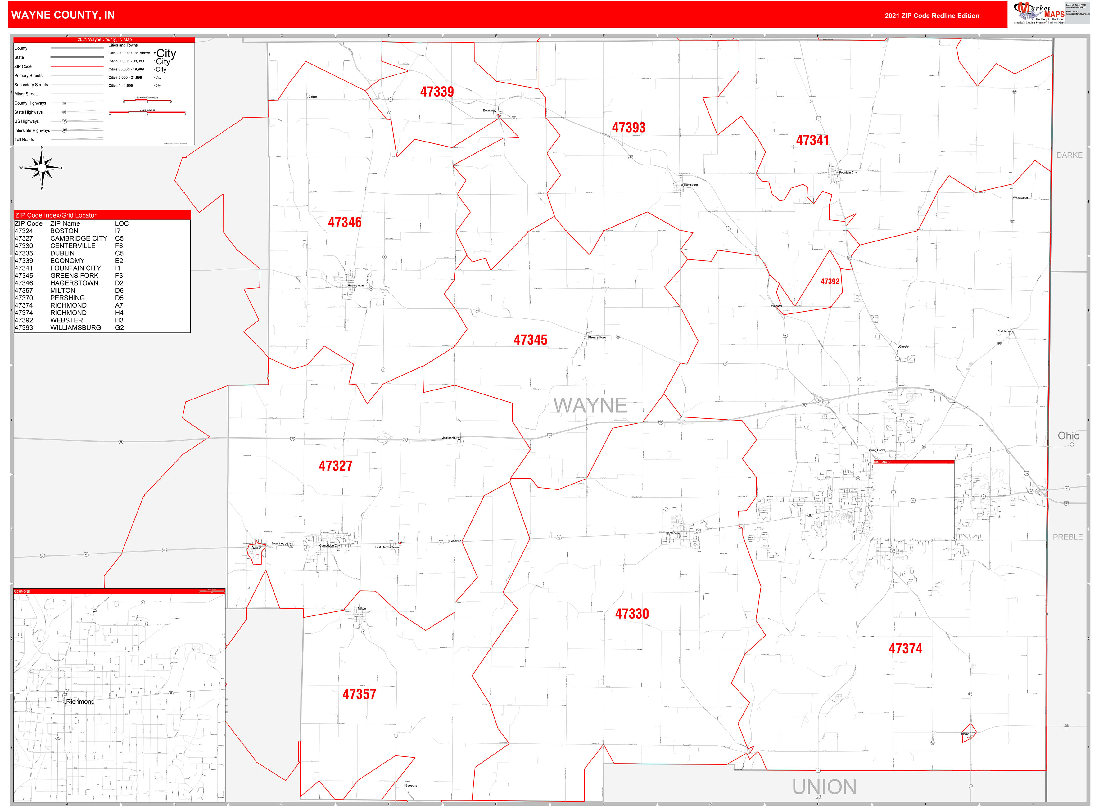 Wayne County, IN Zip Code Wall Map Red Line Style by MarketMAPS