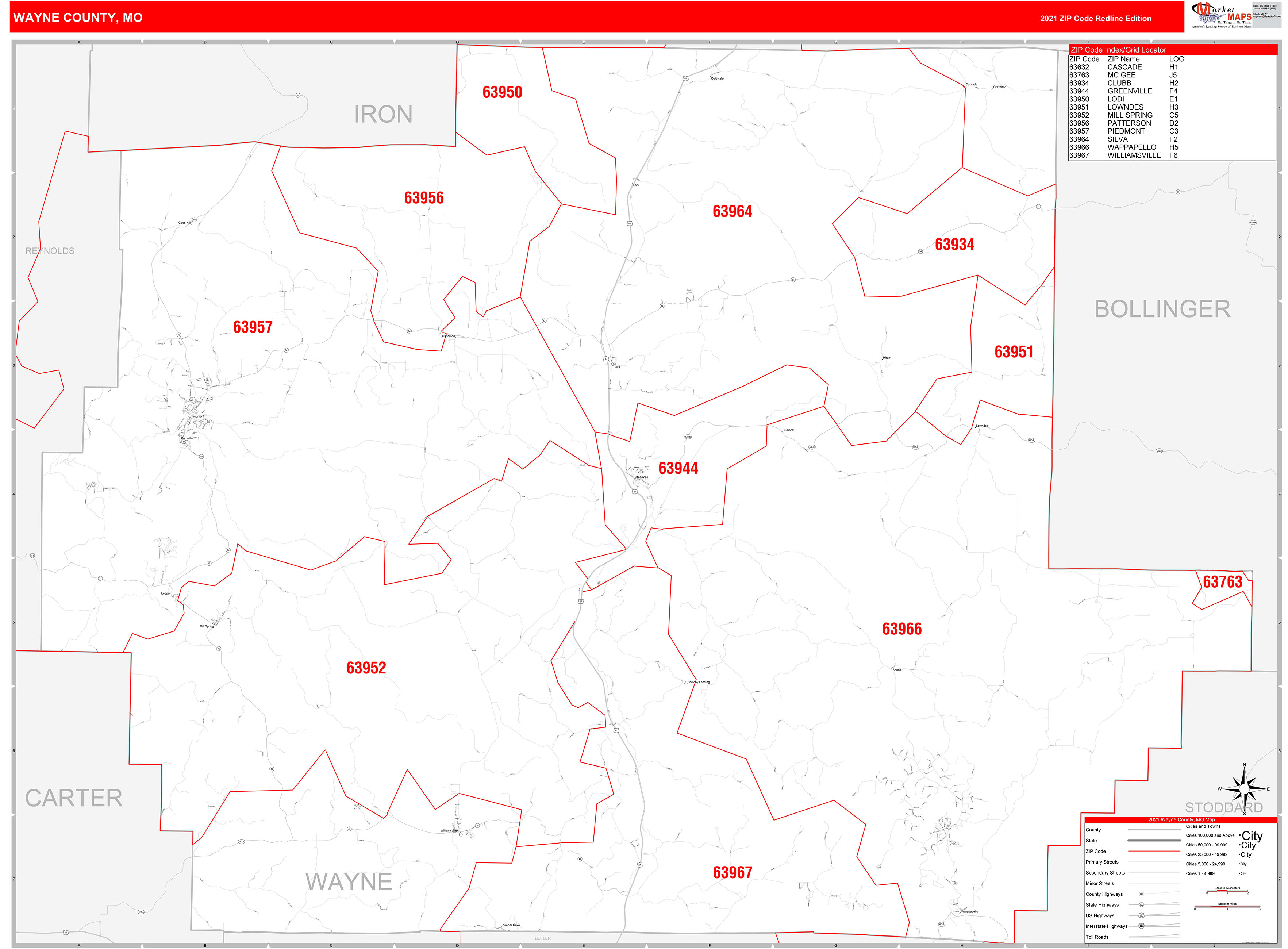 Wayne County, MO Zip Code Wall Map Red Line Style by MarketMAPS