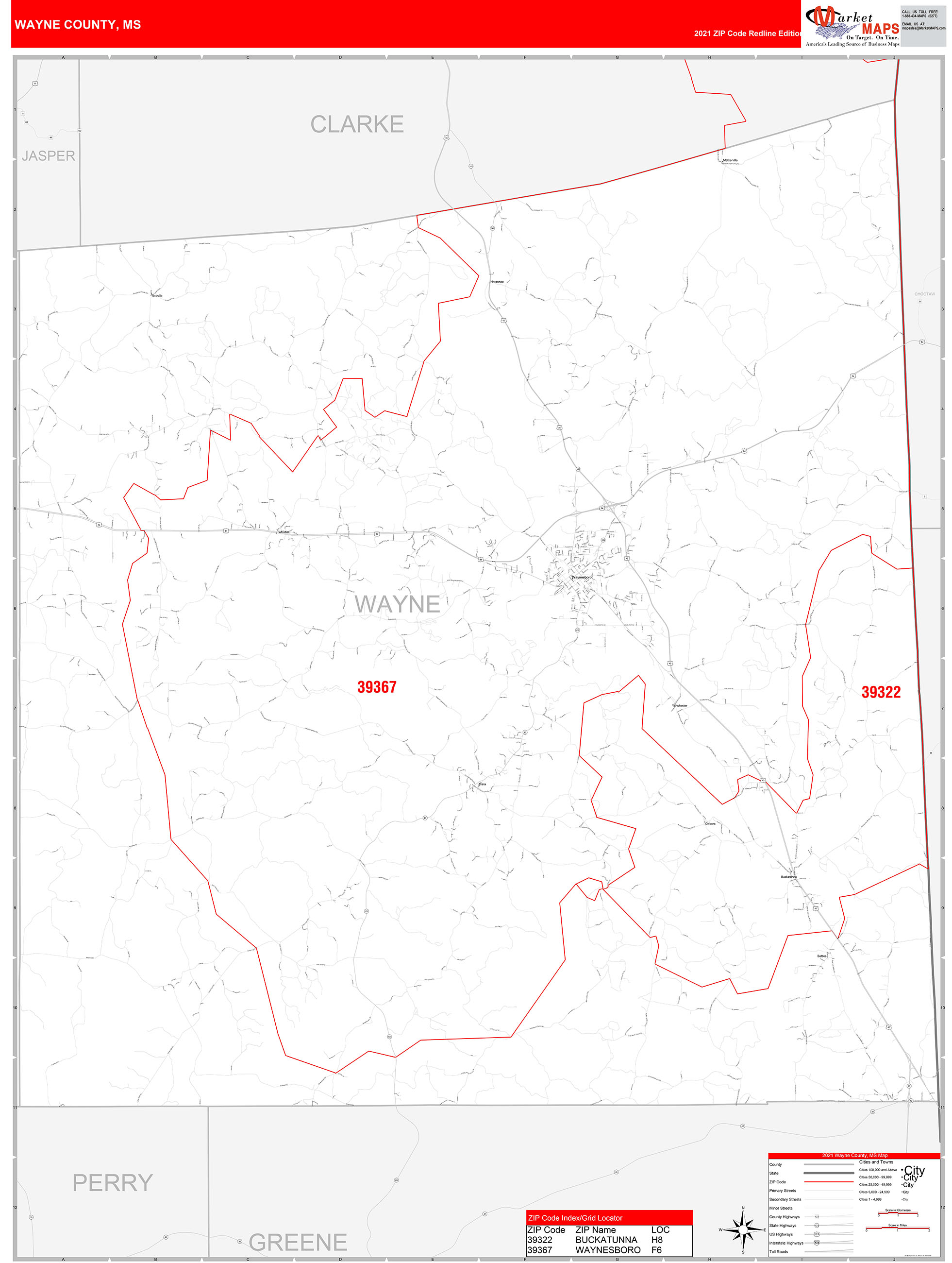 Wayne County, MS Zip Code Wall Map Red Line Style by MarketMAPS