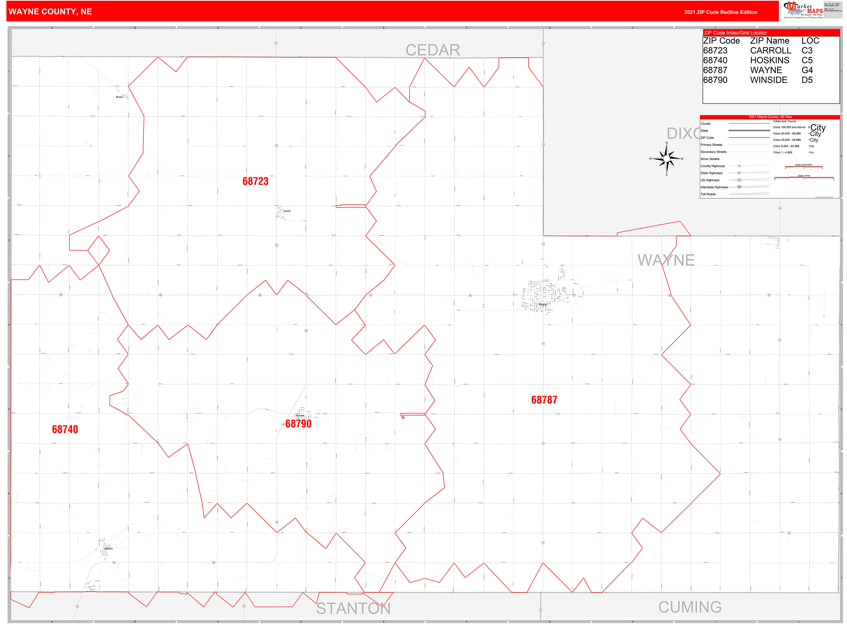 Wayne County, NE Zip Code Wall Map Red Line Style by MarketMAPS MapSales