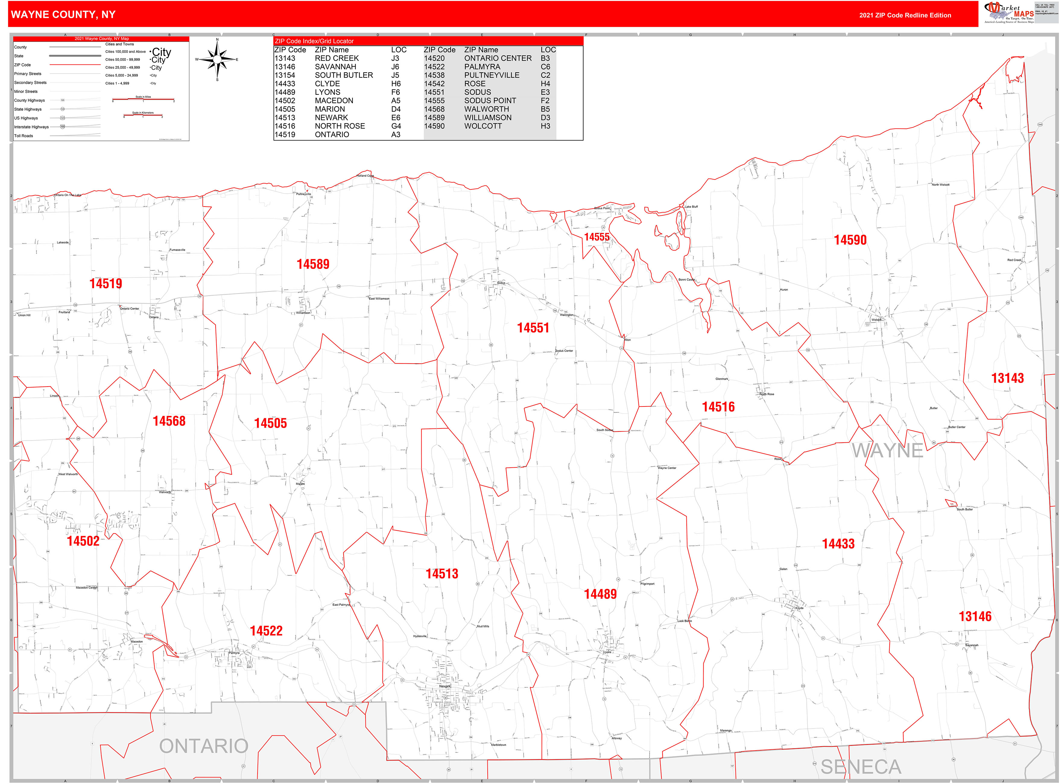 Wayne County, NY Zip Code Wall Map Red Line Style by MarketMAPS MapSales