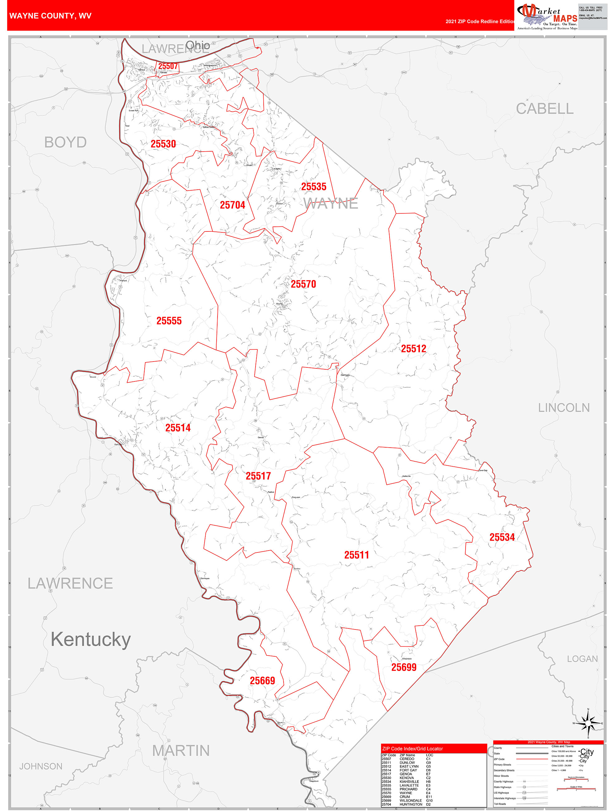 Wayne County, WV Zip Code Wall Map Red Line Style by MarketMAPS