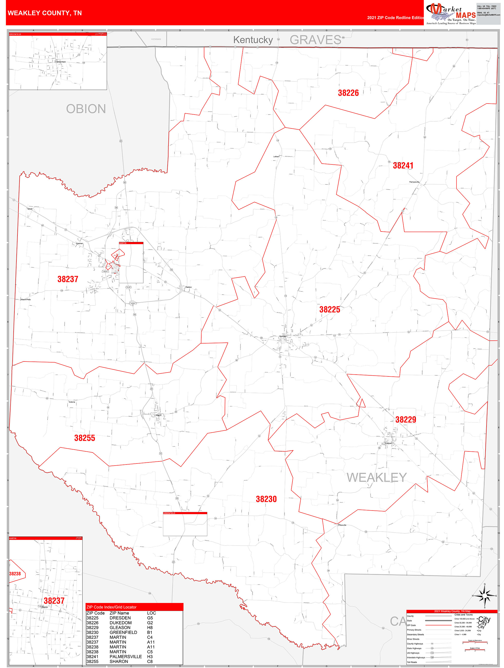 Weakley County, TN Zip Code Wall Map Red Line Style by MarketMAPS