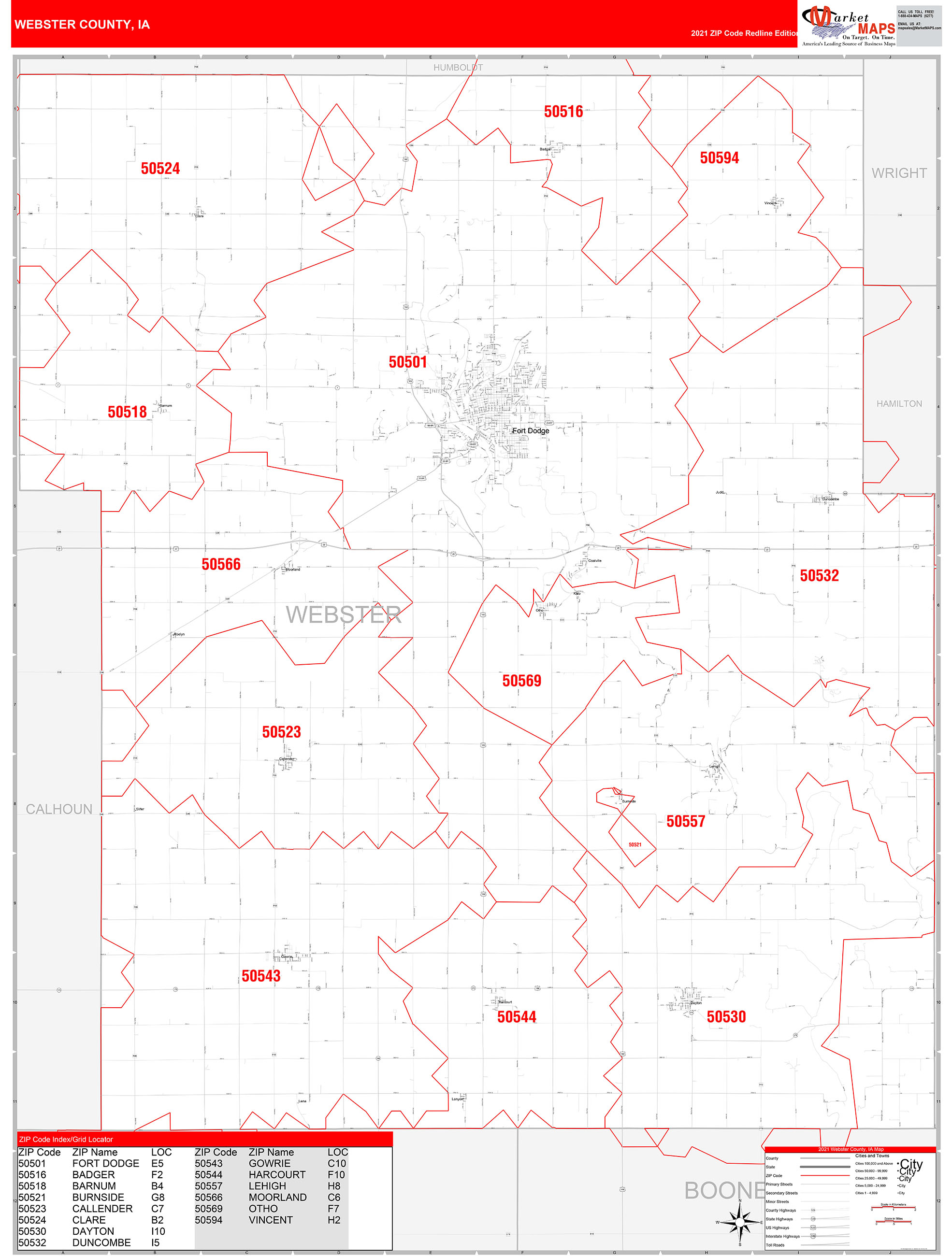 Webster County, IA Zip Code Wall Map Red Line Style by MarketMAPS