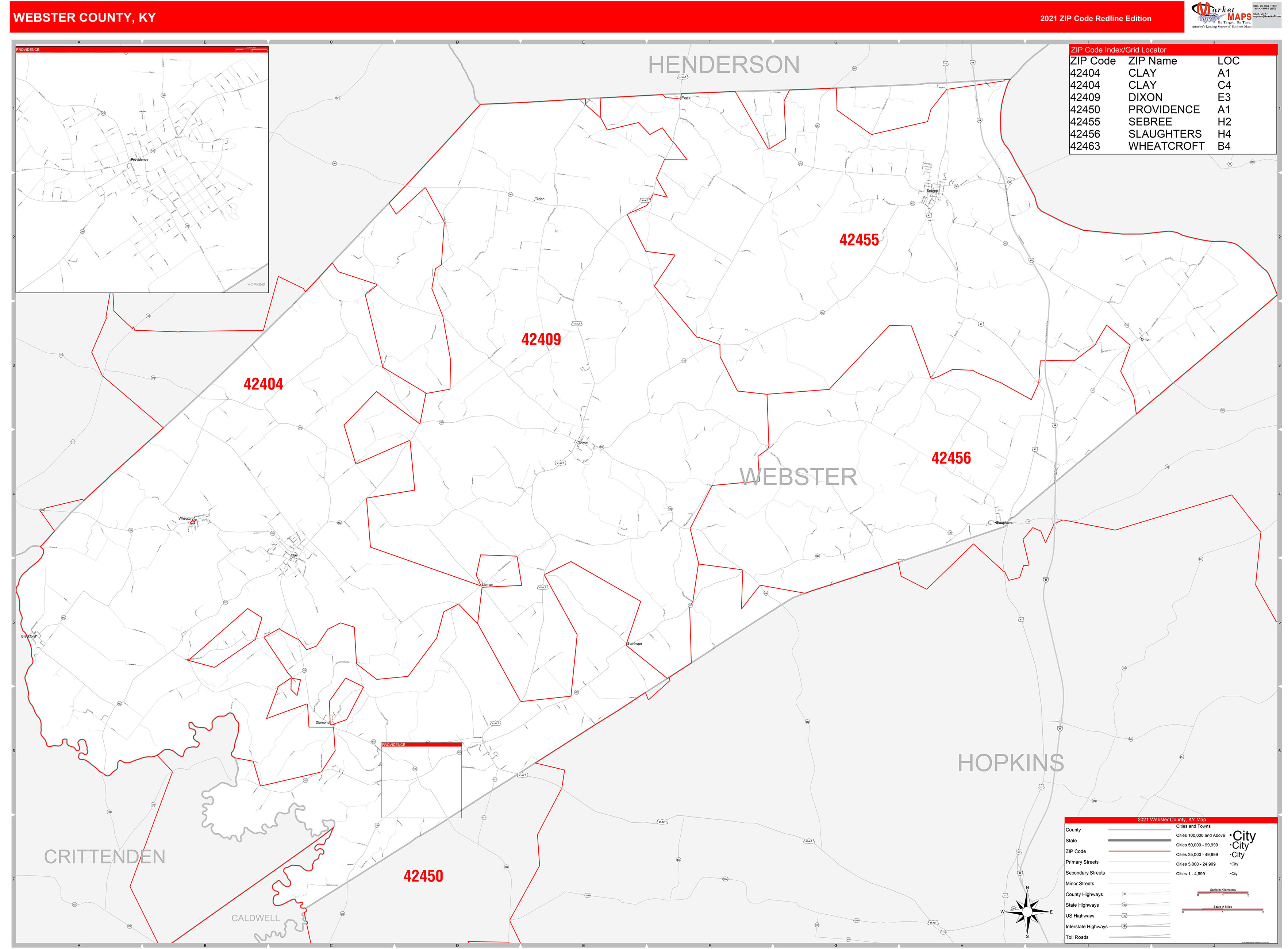 Webster County, KY Zip Code Wall Map Red Line Style by MarketMAPS