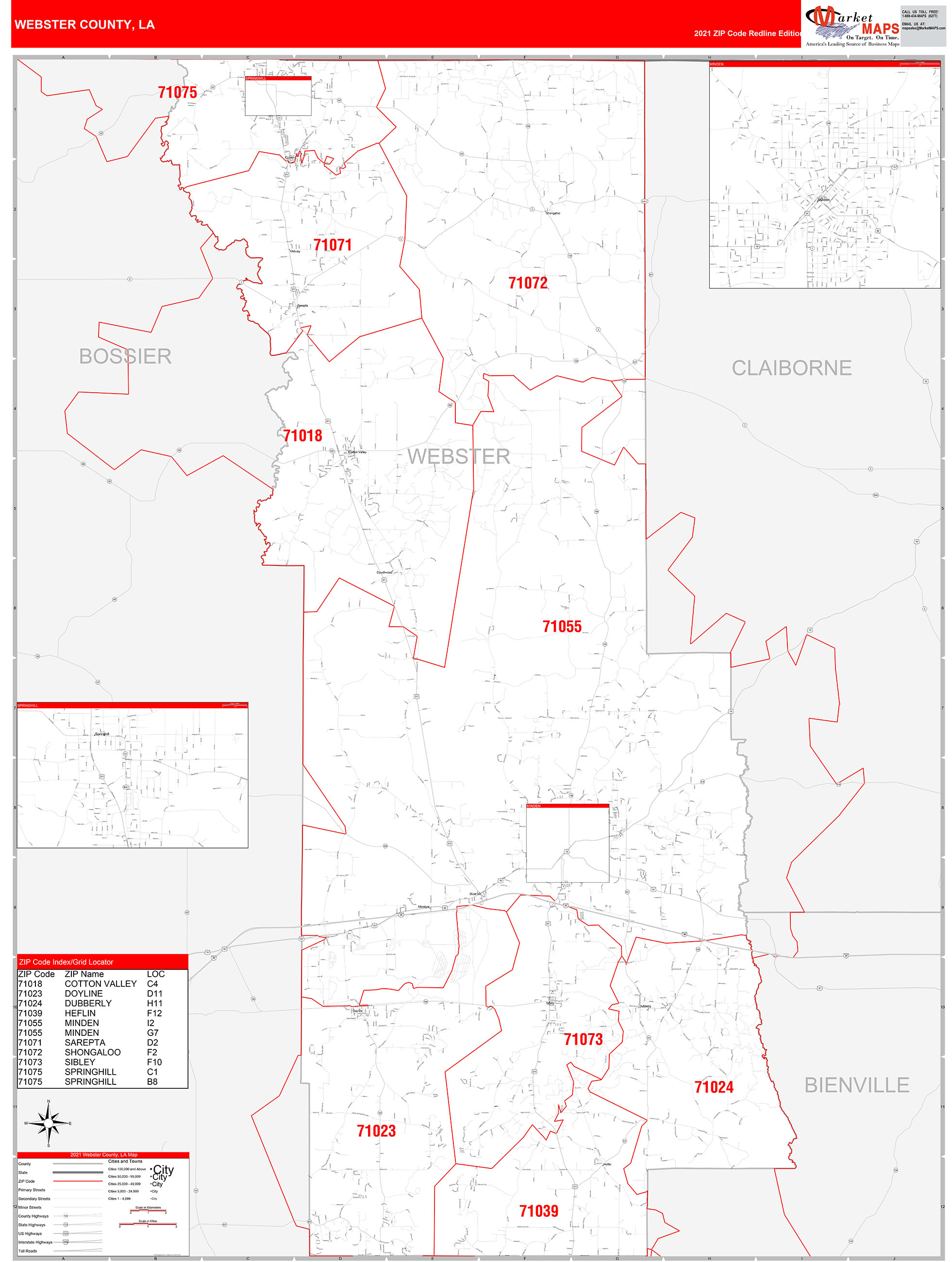 Webster County, LA Zip Code Wall Map Red Line Style by MarketMAPS