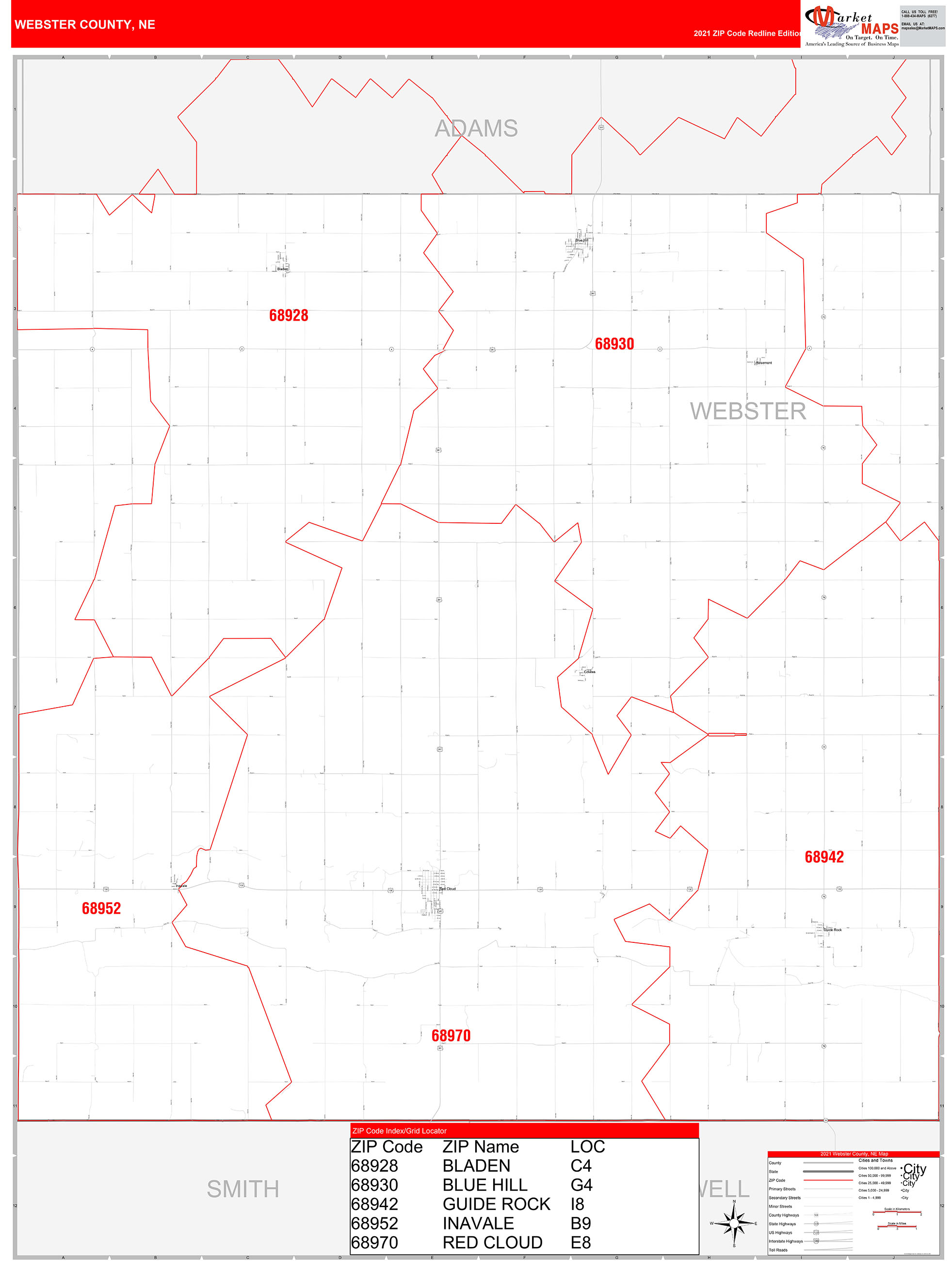 Webster County, NE Zip Code Wall Map Red Line Style by MarketMAPS