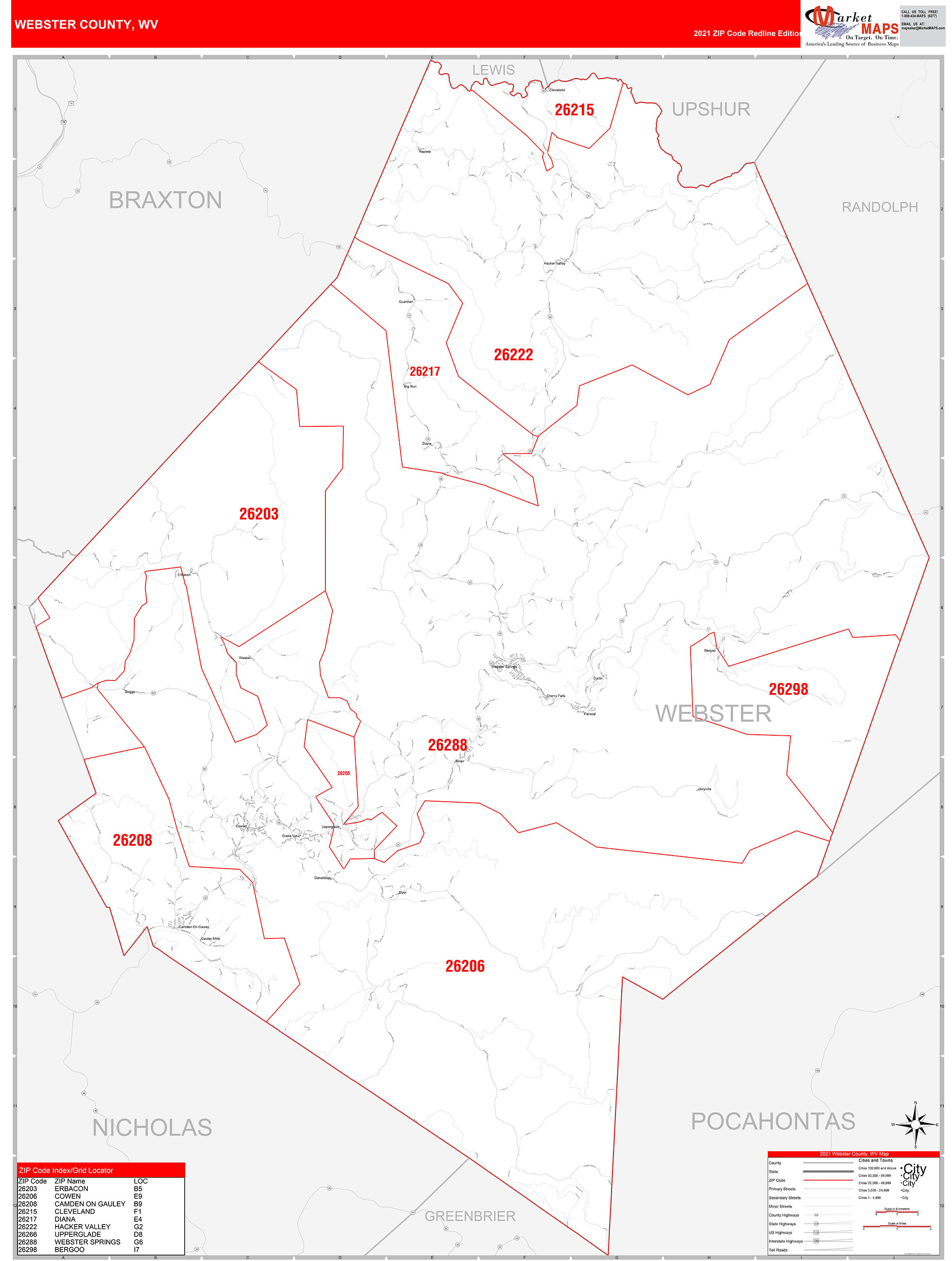 Webster County, WV Zip Code Wall Map Red Line Style by MarketMAPS