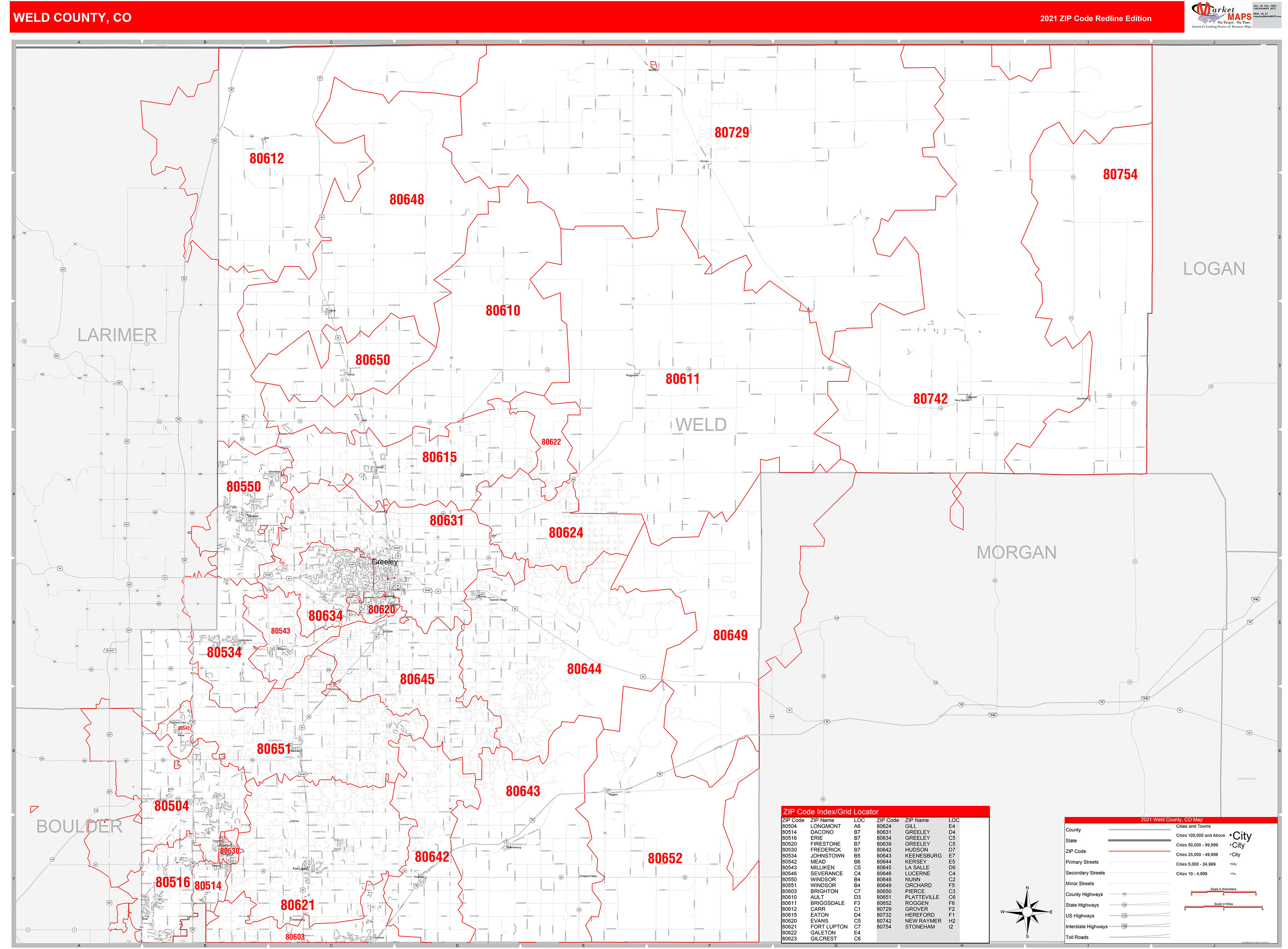 Weld County, CO Zip Code Wall Map Red Line Style by MarketMAPS MapSales