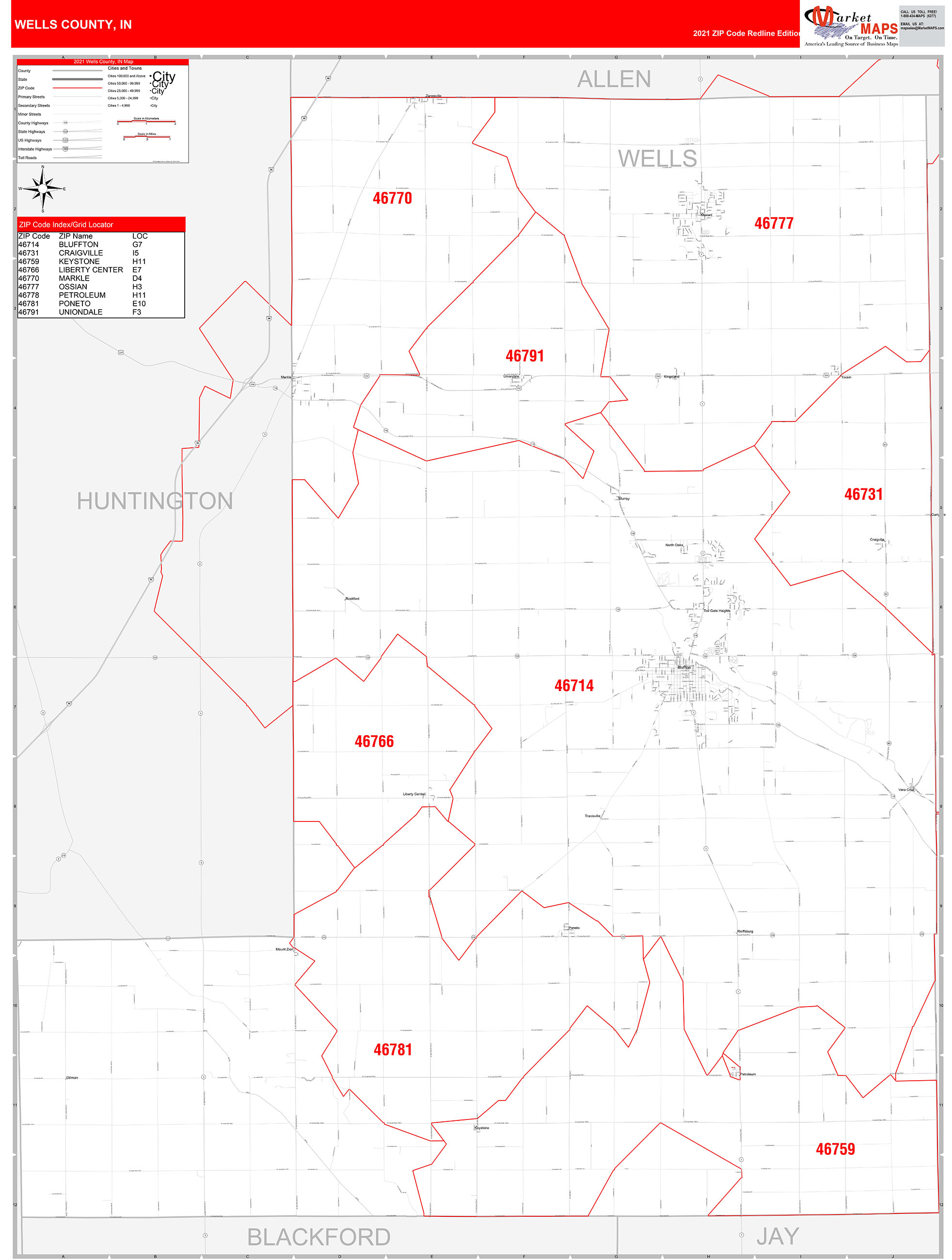 Wells County, IN Zip Code Wall Map Red Line Style by MarketMAPS MapSales