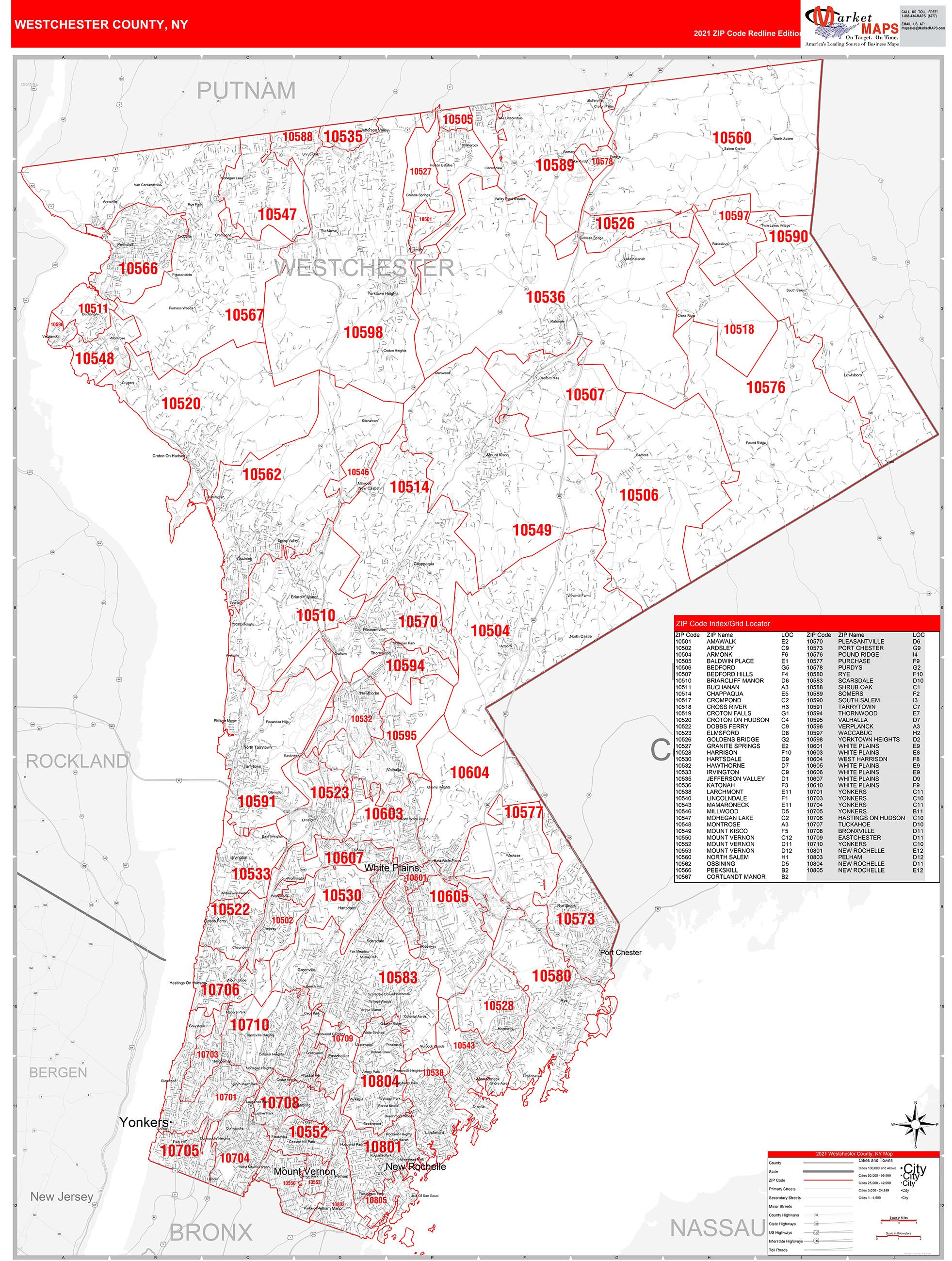 Westchester County Ny Zip Code Wall Map Red Line Style By Marketmaps