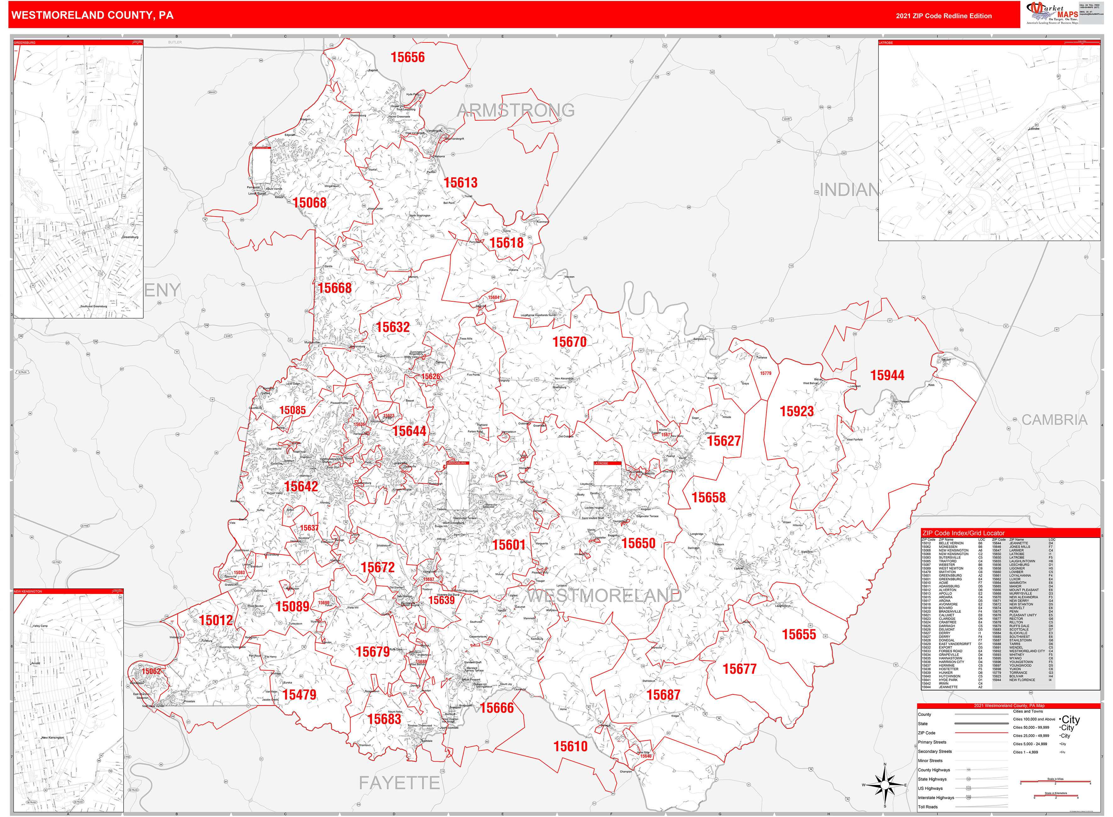 Westmoreland County, PA Zip Code Wall Map Red Line Style by MarketMAPS