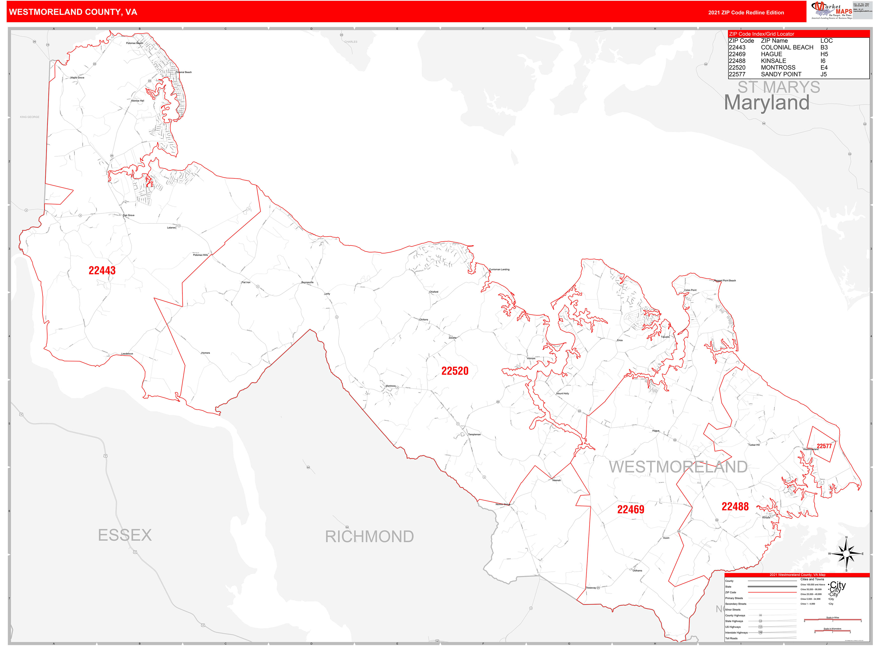 Westmoreland County, VA Zip Code Wall Map Red Line Style by MarketMAPS