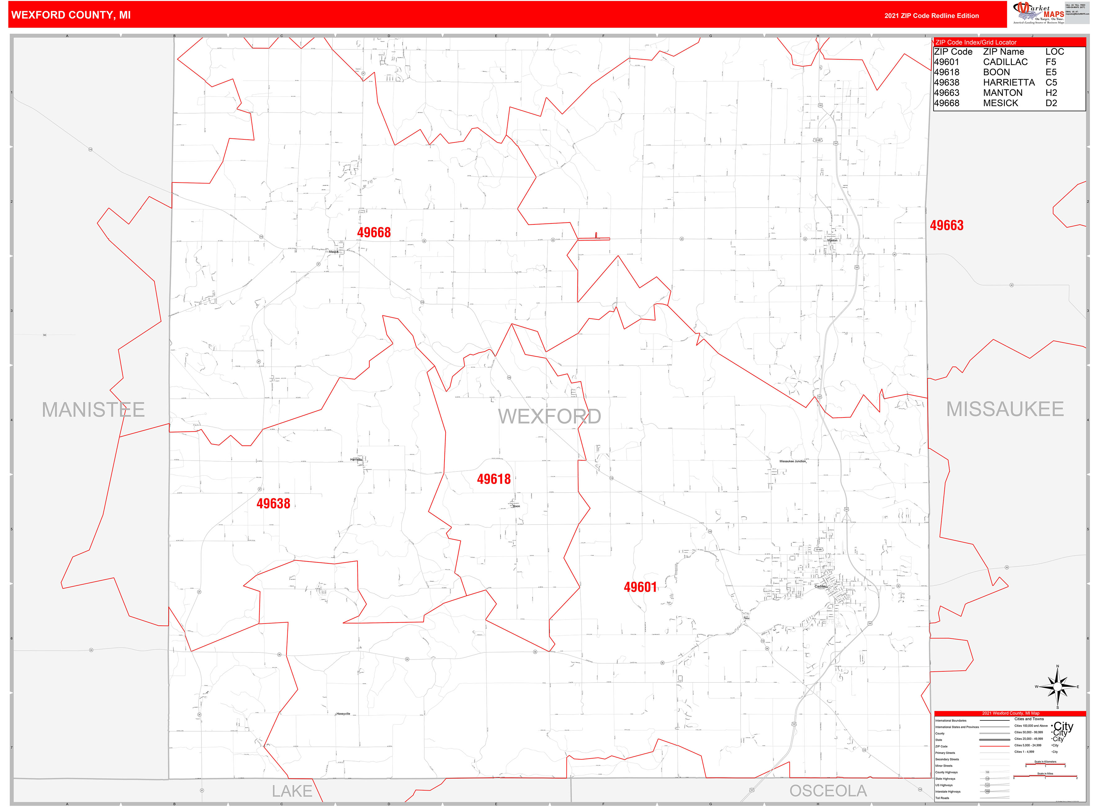 Wexford County, MI Zip Code Wall Map Red Line Style by MarketMAPS